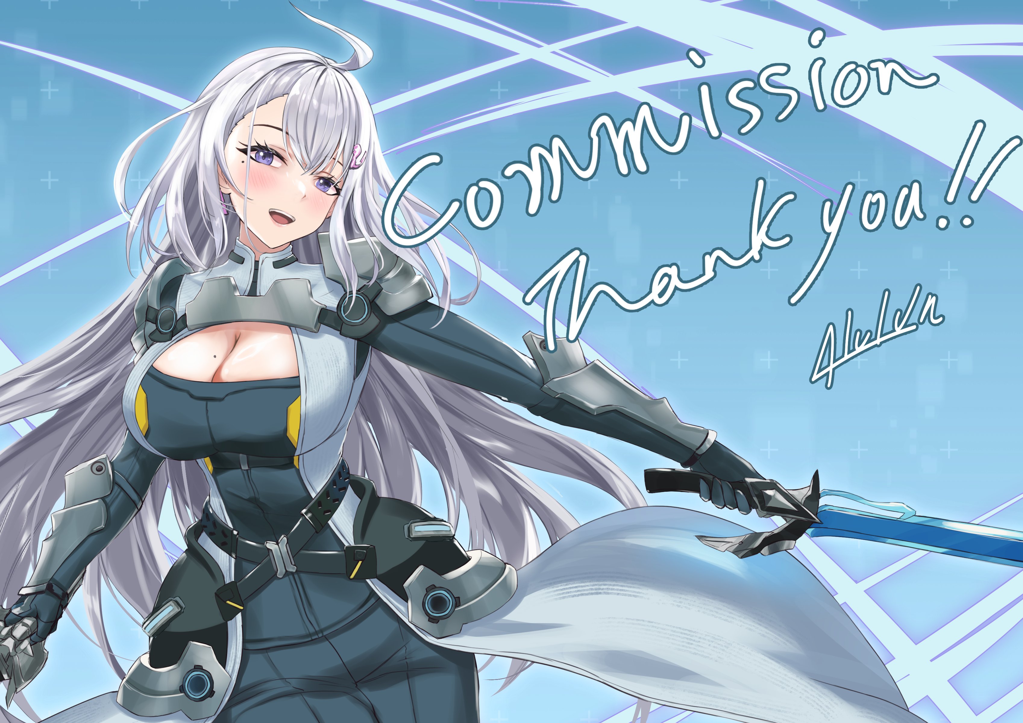 alulunkiruto, ember amane, phase connect, absurdres, commission, highres, skeb commission, 1girl, ahoge, armor, black bodysuit, bodysuit, breasts, cleavage, hair ornament, hip armor, holding, holding sword, holding weapon, large breasts, long hair, mole, mole on breast, mole under eye, open mouth, purple eyes, shoulder armor, solo, sword, teeth, thank you, upper teeth only, virtual youtuber, weapon
