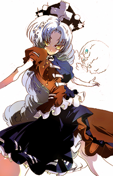 mura kuroe, yagokoro eirin, touhou, bad id, bad pixiv id, 1girl, female focus, solo, trigram, white hair