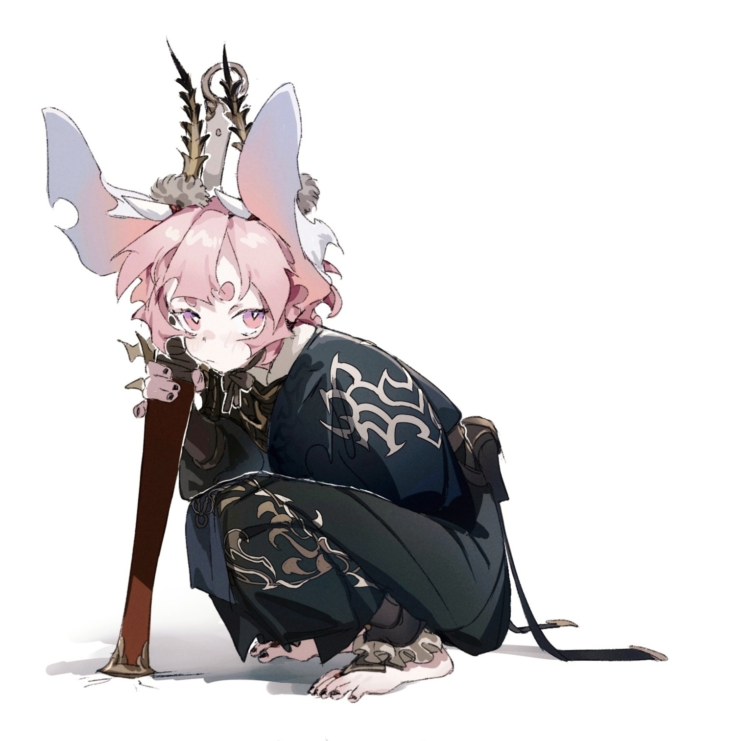 loongm, highres, 1girl, animal ears, black nails, full body, holding, holding sword, holding weapon, horns, multiple views, pink eyes, pink hair, short hair, simple background, squatting, standing, sword, thick eyebrows, toenails, weapon, white background