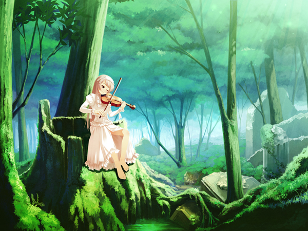 chinchickrin, barefoot, blonde hair, dress, forest, green theme, instrument, long hair, nature, ruins, scenery, sitting, tree, tree stump, violin, white dress, white hair
