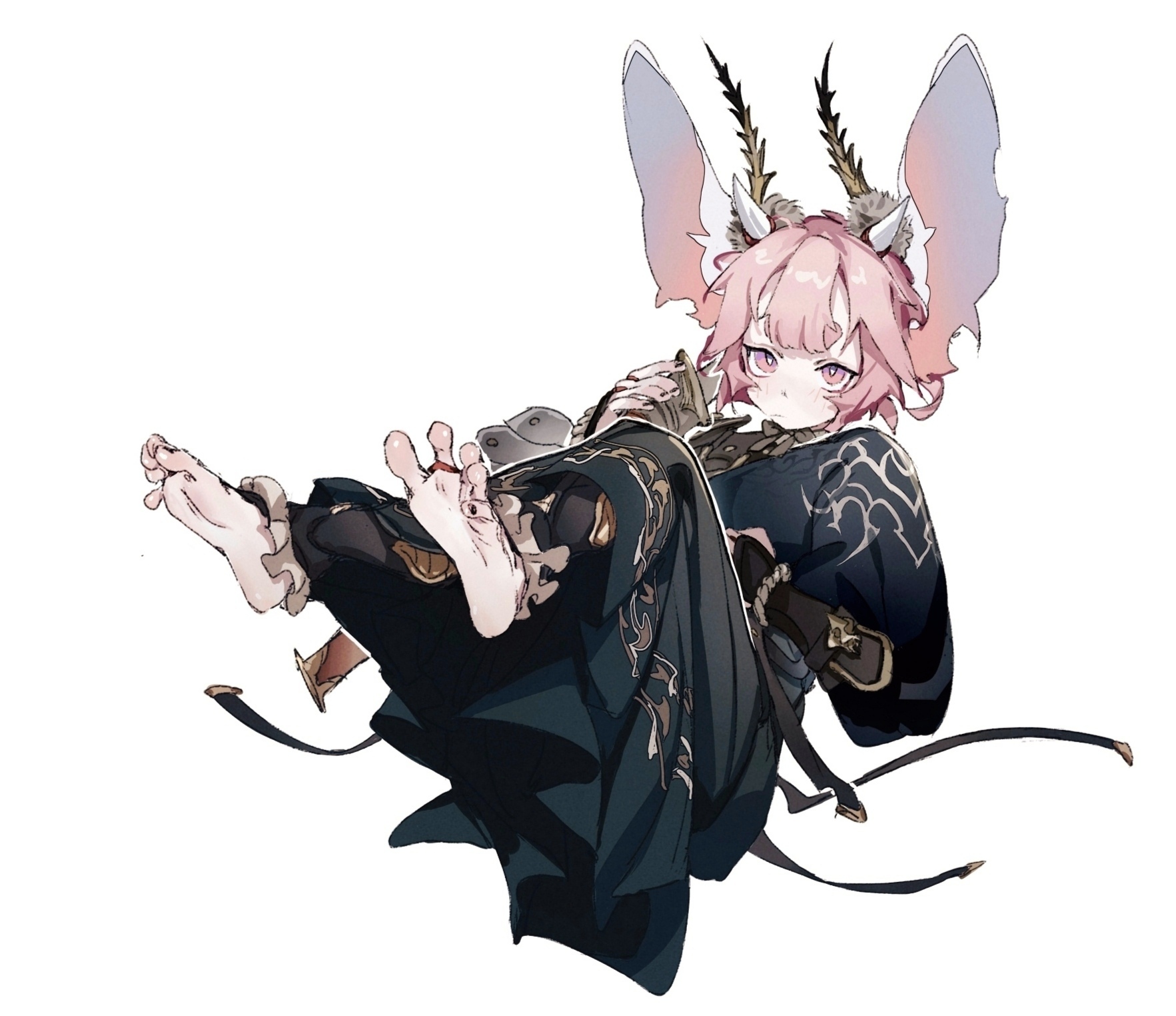 loongm, highres, 1girl, animal ears, black nails, full body, holding, holding sword, holding weapon, horns, multiple views, pink eyes, pink hair, short hair, simple background, squatting, standing, sword, thick eyebrows, toenails, weapon, white background