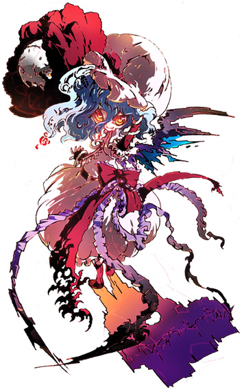 mura kuroe, remilia scarlet, touhou, bad id, bad pixiv id, 1girl, blue hair, dress, female focus, frilled dress, frills, full body, hat, hat ribbon, looking at viewer, mob cap, red eyes, ribbon, simple background, slit pupils, solo, white background