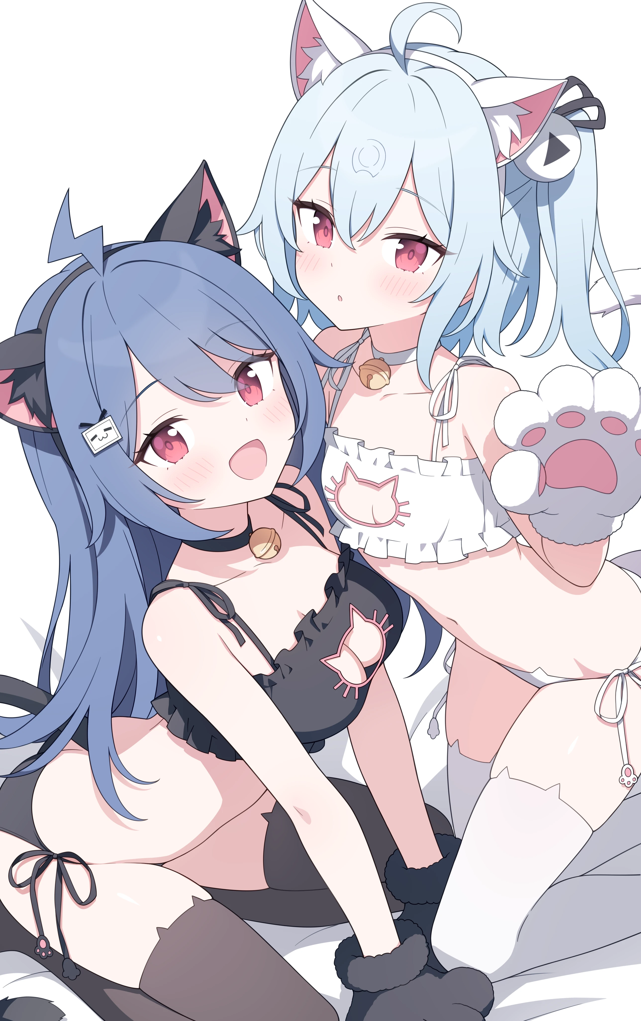 jyt, bili girl 22, bili girl 33, bilibili, absurdres, chinese commentary, commentary request, highres, making-of available, 2girls, :d, ahoge, animal ear fluff, animal ear hairband, animal ear legwear, animal ears, animal hands, aqua hair, bare shoulders, bell, black bra, black choker, black gloves, black hairband, black panties, black thighhighs, blue hair, blush, bra, breasts, cat cutout, cat ear hairband, cat ear legwear, cat ear panties, cat ears, cat lingerie, cat tail, choker, cleavage, cleavage cutout, clothing cutout, collarbone, double-parted bangs, eyes visible through hair, fake animal ears, fake tail, feet out of frame, frilled bra, frills, gloves, hair between eyes, hair ornament, hairband, hand up, jingle bell, kneeling, leaning forward, lightning ahoge, long hair, looking at viewer, medium breasts, medium hair, multiple girls, navel, neck bell, on bed, one side up, open mouth, panties, parted lips, paw gloves, red eyes, seiza, side-tie panties, sidelocks, sitting, small breasts, smile, sphere hair ornament, tail, thighhighs, tv hair ornament, underwear, white background, white bra, white choker, white gloves, white hairband, white panties, white thighhighs