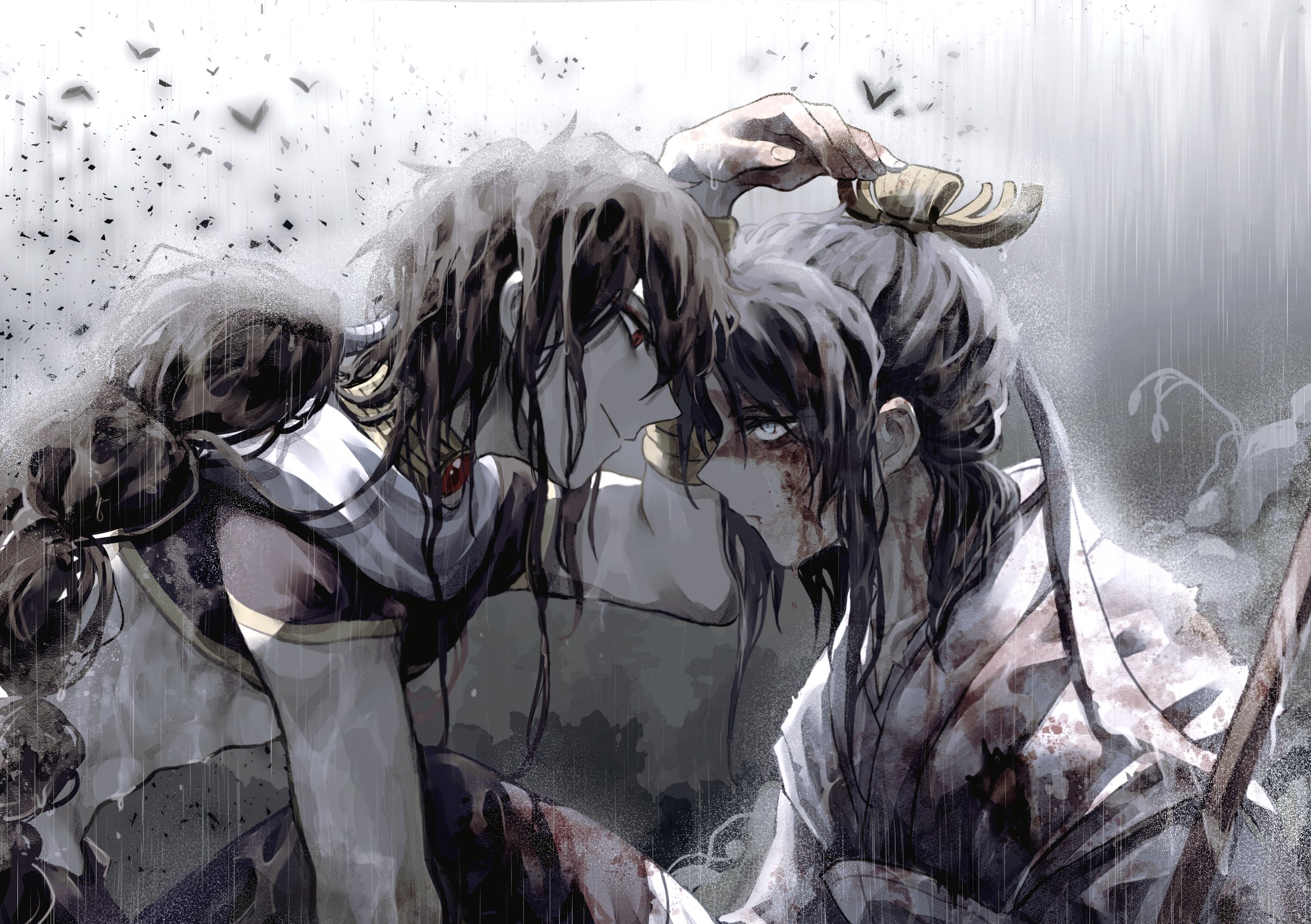 judal, ren hakuryuu, magi the labyrinth of magic, highres, 2boys, arabian clothes, black hair, black rukh (magi), blood, blood on clothes, blood on face, blue eyes, braid, braided ponytail, chinese clothes, crop top, face-to-face, hanfu, jewelry, laem krel, long hair, male focus, midriff, multiple boys, neck ring, profile, rain, red eyes, scar, scar on face, single braid, smile, wet, wet clothes, wet hair, xiao guan (headdress)