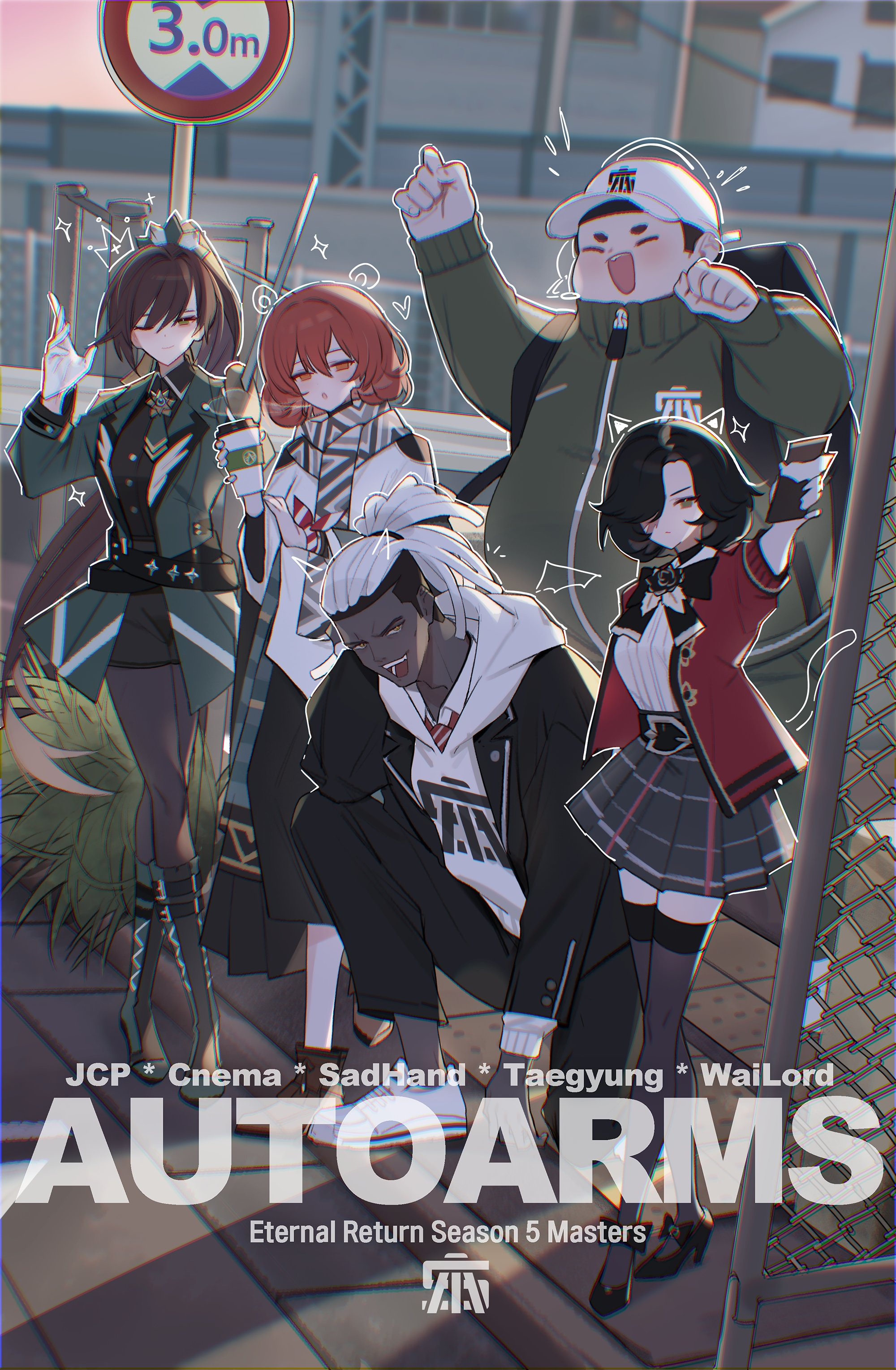 dr.b (drb02), fiora pellerin, rozzi (black survival), tran quynh mai, black survival, eternal return: black survival, absurdres, highres, 2boys, 3girls, :d, :o, arms up, backpack, bag, baseball cap, belt, black bag, black belt, black hair, black jacket, black pants, black pantyhose, black ribbon, black shirt, black shoes, black shorts, black skirt, blazer, blurry, blurry background, blush, boots, bow, breasts, breath, brown hair, brown shoes, candy, chain-link fence, chocolate, chocolate bar, closed eyes, coffee, collarbone, collared shirt, crossed legs, cup, dark-skinned male, dark skin, disposable coffee cup, disposable cup, drawn crown, drawn ears, drawn heart, drawn tail, drawn wings, dreadlocks, esports, fat, fence, food, footwear bow, gloves, green boots, green eyes, green jacket, green necktie, green pants, group picture, hair between eyes, hair intakes, hair ornament, hair over one eye, hat, high heels, high ponytail, high school girls posing for google street view (meme), holding, holding cup, holding food, holding sword, holding weapon, hood, hoodie, jacket, jan rijkaard, long hair, long skirt, long sleeves, looking at viewer, medium breasts, meme, multiple boys, multiple girls, neck ribbon, necktie, on one knee, one eye closed, open mouth, orange eyes, outdoors, pants, pantyhose, pantyhose under shorts, plaid clothes, plaid skirt, pleated skirt, ponytail, rapier, red jacket, red necktie, ribbon, road sign, scarf, shirt, shoes, short hair, short necktie, shorts, sign, skirt, small breasts, smile, standing, swept bangs, sword, thighhighs, weapon, white gloves, white hair, white hat, white hoodie, white shirt, white shoes, wrist ribbon, xiukai (black survival)