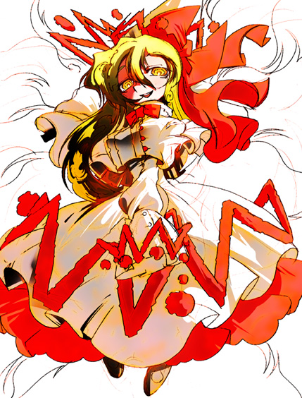 mura kuroe, lily white, touhou, bad id, bad pixiv id, 1girl, blonde hair, dress, female focus, full body, hair between eyes, long hair, looking at viewer, shoes, simple background, solo, white background, white dress, yellow eyes