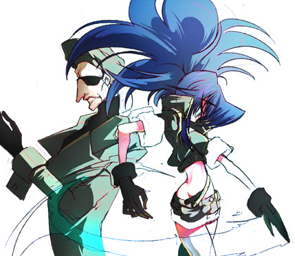 mura kuroe, heidern, leona heidern, snk, the king of fighters, bad id, bad pixiv id, lowres, 1boy, 1girl, beret, eyepatch, father and daughter, gloves, hat, military, military uniform, ponytail, short shorts, shorts