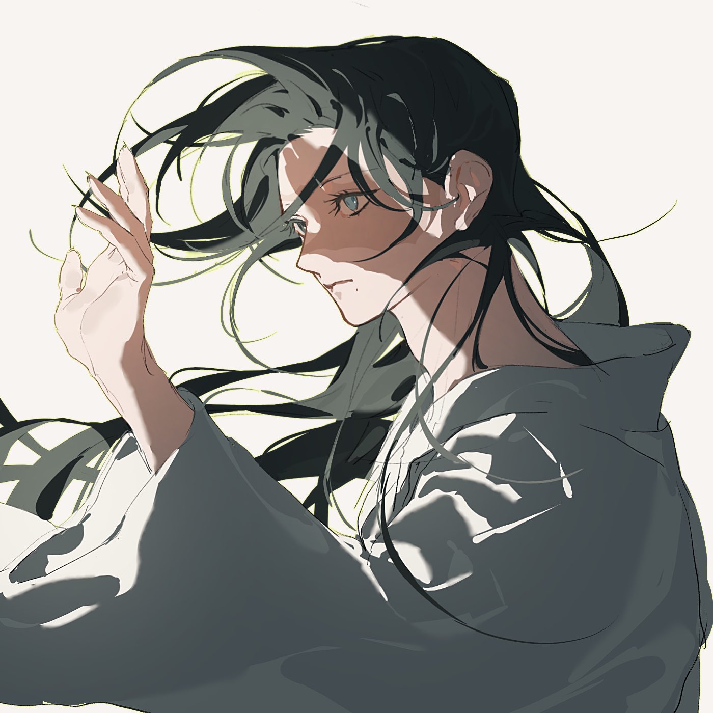crema 525, ren hakuryuu, magi the labyrinth of magic, highres, 1boy, black eyes, black hair, blue eyes, chinese clothes, hanfu, heterochromia, long hair, male focus, mole, mole under mouth, scar, scar across eye, scar on face, simple background, solo, upper body, white background