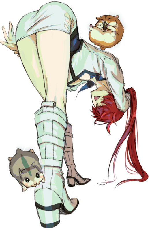 hitsuji kusa, shermie (kof), the king of fighters, 1girl, ass, bend, bent over, boots, breasts, cleavage, cleavage cutout, clothing cutout, dress, female focus, hamster, high heels, huge breasts, jacket, large breasts, long hair, looking back, pale skin, red hair, skirt, standing, thick thighs, thighs, tongue, twintails, wide hips