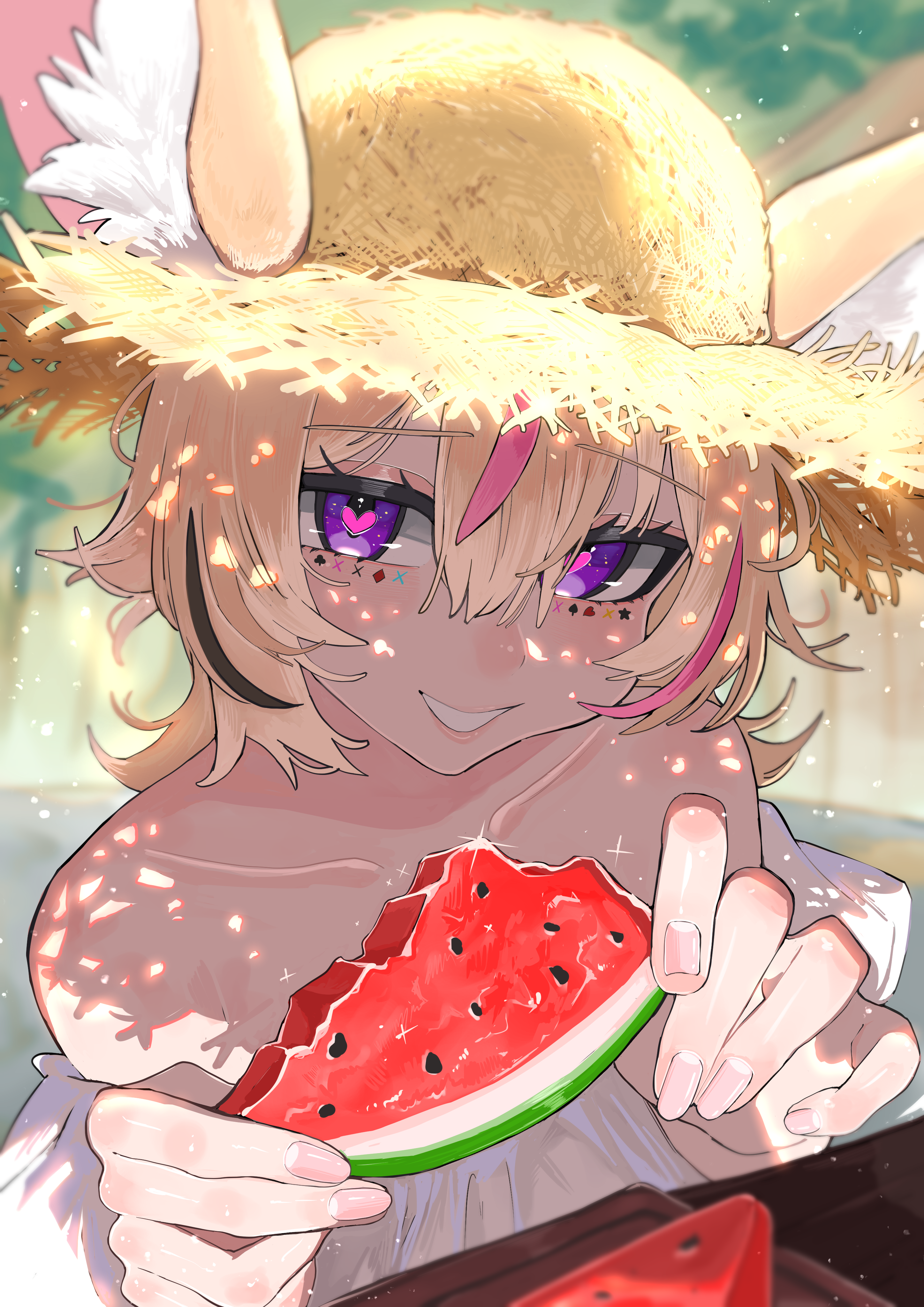 yuuppi, omaru polka, omaru polka (holonatsu paradise), hololive, absurdres, commentary, highres, symbol-only commentary, 1girl, :d, animal ear fluff, animal ears, black hair, blonde hair, blurry, blurry background, day, double-parted bangs, dress, ears through headwear, facial mark, fingernails, food, fox ears, fox girl, fruit, grin, hair between eyes, hat, heart, heart-shaped pupils, holding, holding food, holding fruit, holding watermelon, long hair, looking at viewer, mark under eye, multicolored hair, off-shoulder dress, off shoulder, official alternate costume, open mouth, outdoors, pink hair, purple eyes, smile, solo, straw hat, streaked hair, sun hat, sundress, symbol-shaped pupils, upper body, virtual youtuber, watermelon, watermelon slice, white dress