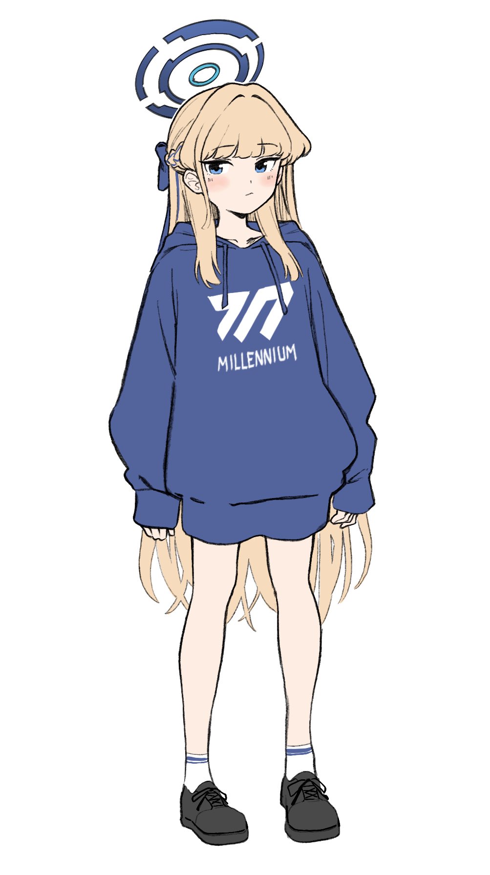 fried bocky, toki (blue archive), blue archive, highres, 1girl, blonde hair, blue eyes, blue halo, blue hoodie, full body, halo, hood, hoodie, long hair, simple background, solo, very long hair, white background