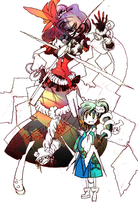 mura kuroe, kochiya sanae, moriya suwako, yasaka kanako, touhou, bad id, bad pixiv id, 3girls, female focus, green eyes, green hair, hat, multiple girls, partially colored, purple hair, red eyes, rope, skirt, smirk, tears