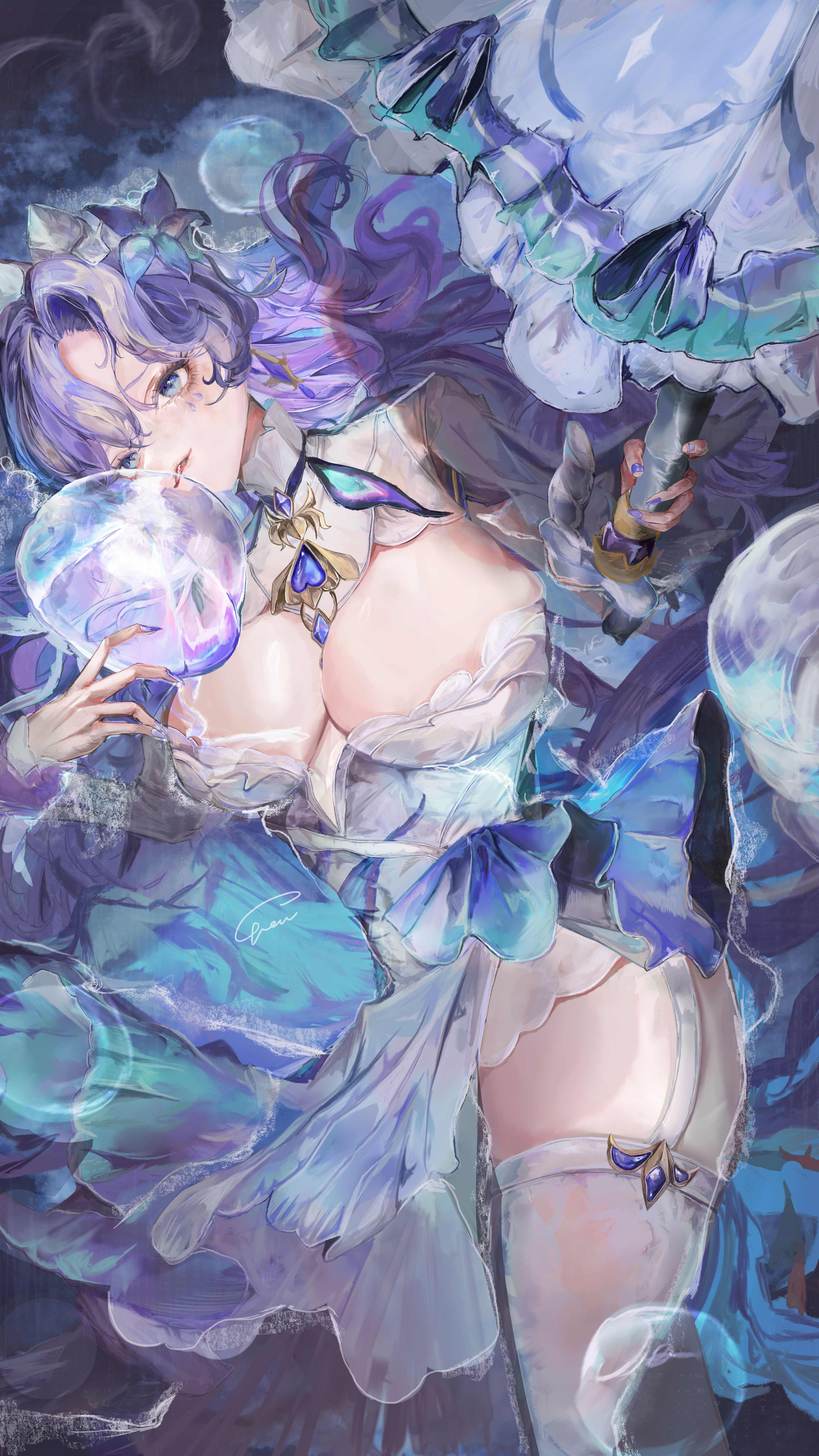 vea (v ea ), cantarella (wuthering waves), wuthering waves, absurdres, highres, 1girl, blue eyes, blue flower, blue hair, bubble, dress, earrings, facial mark, flower, hair between eyes, hair flower, hair ornament, headdress, holding, holding umbrella, jellyfish, jewelry, long hair, long sleeves, looking at viewer, lying, mark under eye, mole, mole under eye, multicolored hair, nail polish, purple hair, purple nails, shrug (clothing), smile, solo, thighhighs, thighs, tongue, tongue out, umbrella, underwater, white dress, white shrug, white thighhighs