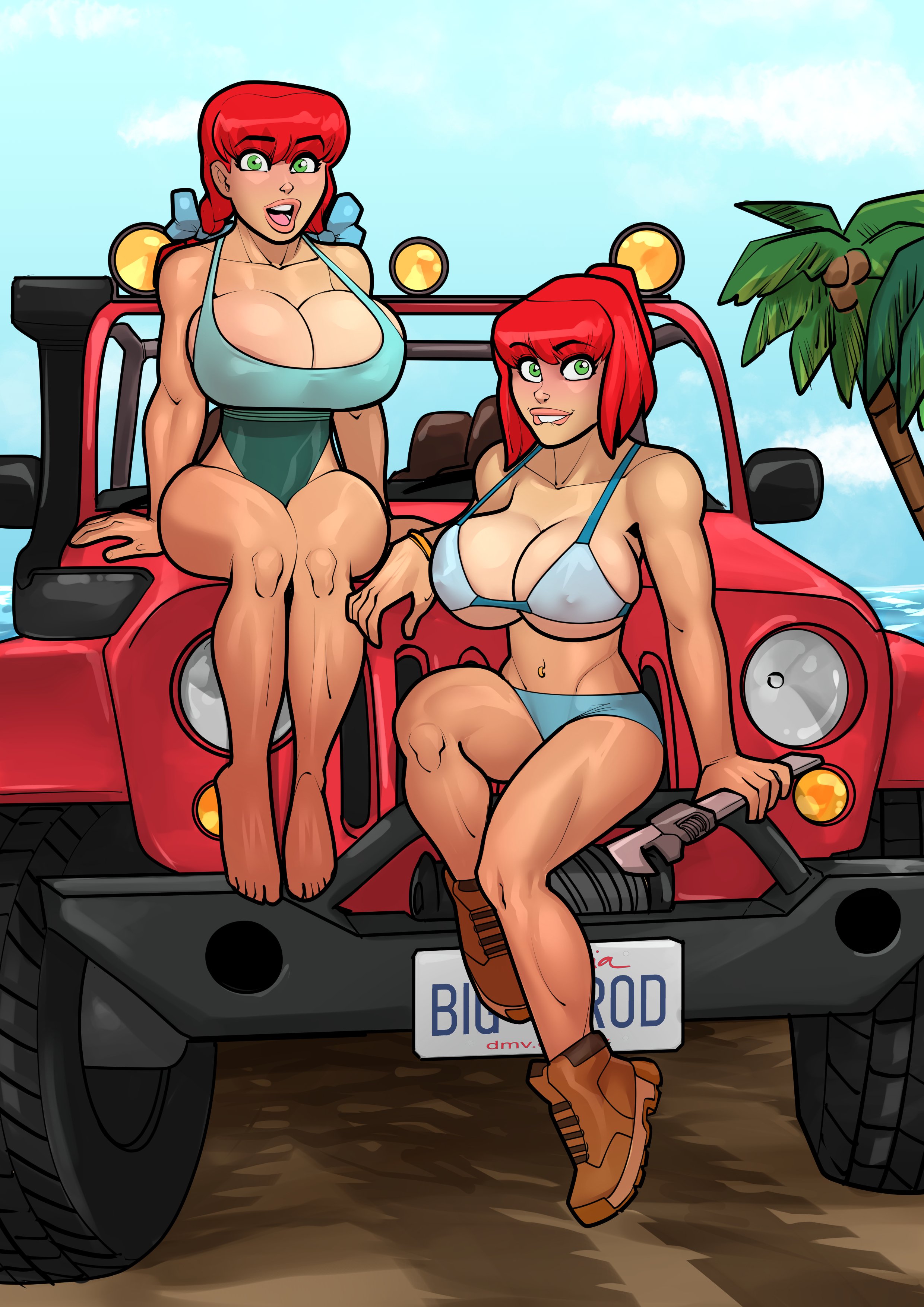 rabies-t-lagomorph, my mom and sister are size queen sluts, absurdres, highres, 2girls, barefoot, beach, bikini, blue bikini, blue one-piece swimsuit, blue sky, boots, breasts, brown boots, car, day, green eyes, holding, holding wrench, large breasts, looking at viewer, motor vehicle, multiple girls, navel piercing, one-piece swimsuit, open mouth, outdoors, palm tree, piercing, red car, red hair, siblings, sisters, sky, swimsuit, tree, violet herron, virginia herron, wrench