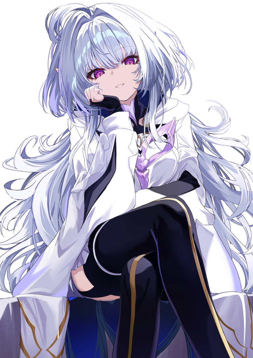 neko daruma, merlin (fate/prototype), fate/grand order, fate/prototype, fate (series), highres, 1girl, ahoge, black gloves, black pants, breasts, crossed legs, fingerless gloves, gloves, grin, long hair, long sleeves, looking at viewer, medium breasts, pants, pointy ears, purple eyes, robe, sitting, smile, solo, thighs, very long hair, white hair, white robe, wide sleeves
