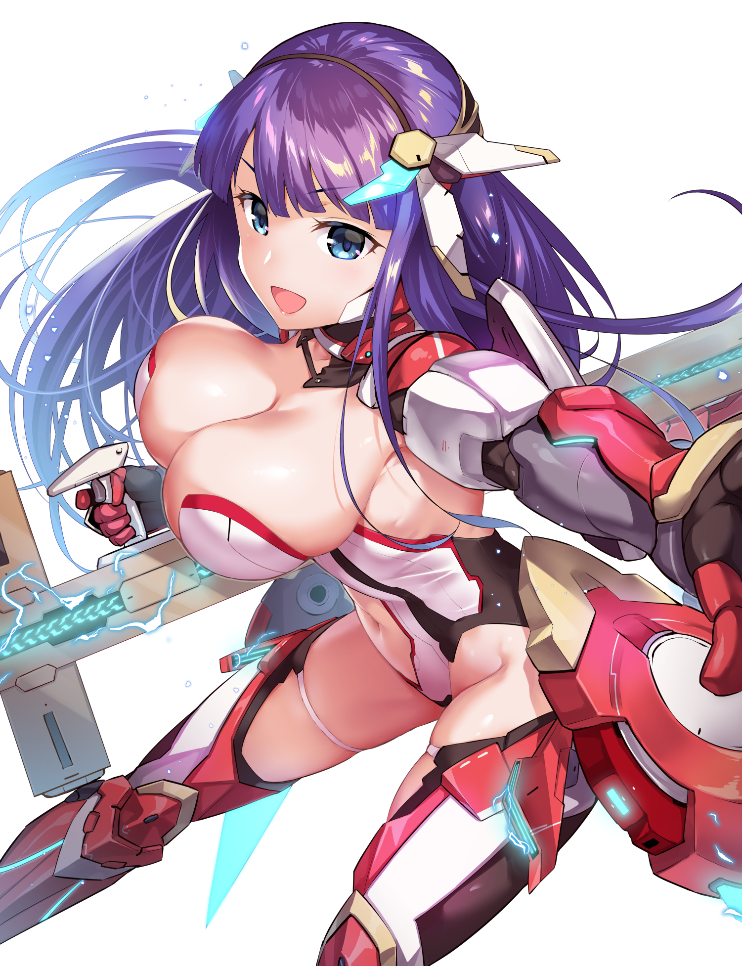 ono misao, martha (aerial drive) (fate), martha (fate), fate/grand order, fate (series), highres, 1girl, armored boots, blue eyes, boots, breasts, center opening, cleavage, gloves, headgear, highleg, highleg leotard, large breasts, leotard, long hair, looking at viewer, mechanical gloves, navel, open mouth, purple hair, red boots, red gloves, shrug (clothing), smile, solo, thigh boots, thighs, thrusters, weapon, white gloves, white leotard