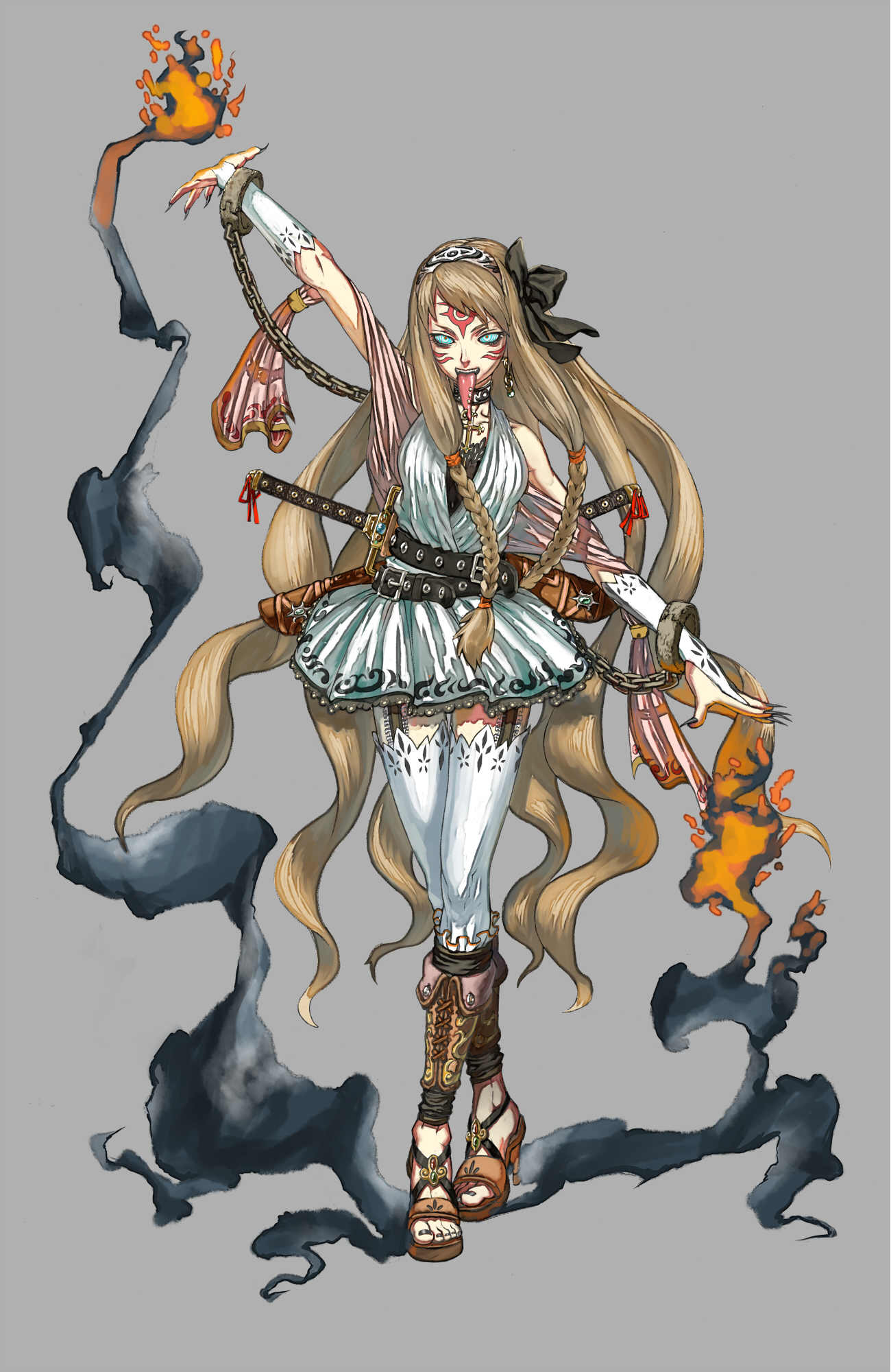 diolemonde, pixiv fantasia, pixiv fantasia 1, highres, 1girl, black nails, bodypaint, braid, chain, earrings, female focus, fingernails, frills, high heel sandals, high heels, jewelry, lace, long hair, monster girl, nail (hardware), nail polish, open shoes, piercing, platform sandals, sandals, scared, shoes, simple background, smoke, smoke trail, solo, sword, thighhighs, toes, tongue, tongue piercing, twin braids, weapon, zettai ryouiki