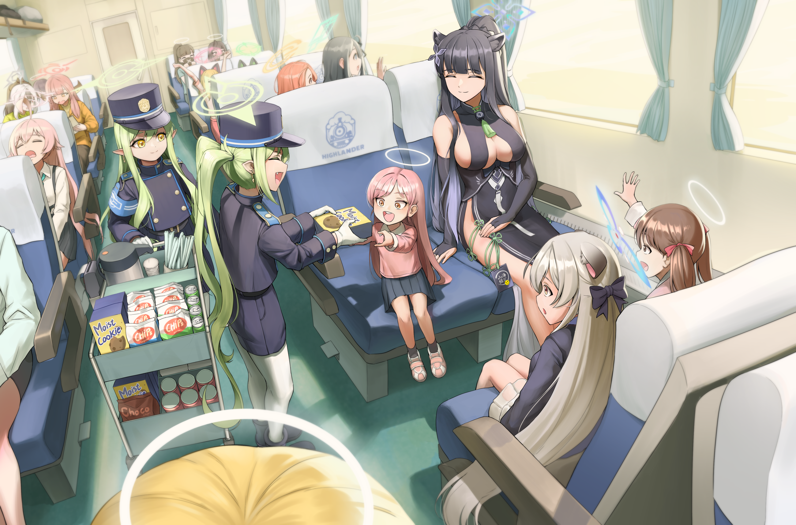 panzaa, aris (blue archive), aru (blue archive), hikari (blue archive), hoshino (blue archive), kayoko (blue archive), kokona (blue archive), midori (blue archive), momoi (blue archive), nozomi (blue archive), shun (blue archive), sukeban (smg) (blue archive), sukeban (sr) (blue archive), yuzu (blue archive), blue archive, character request, commentary, highres, 6+girls, ahoge, animal ears, armband, black bridal gauntlets, black hair, black jacket, black shorts, black skirt, blonde hair, blue armband, blue eyes, blue halo, bow, breasts, bridal gauntlets, brown eyes, brown hair, cart, china dress, chinese clothes, cleavage, closed eyes, demon horns, dress, earrings, fang, gloves, green hair, green halo, grey halo, hair bow, halo, hat, horns, huge ahoge, jacket, jewelry, large breasts, long hair, low horns, multicolored hair, multiple girls, open mouth, orange hair, orange halo, pantyhose, peaked cap, pink hair, pointy ears, red eyes, shorts, side slit, sitting, skirt, tiger ears, tiger girl, train conductor, train interior, twintails, very long hair, white gloves, white hair, white pantyhose, yellow eyes