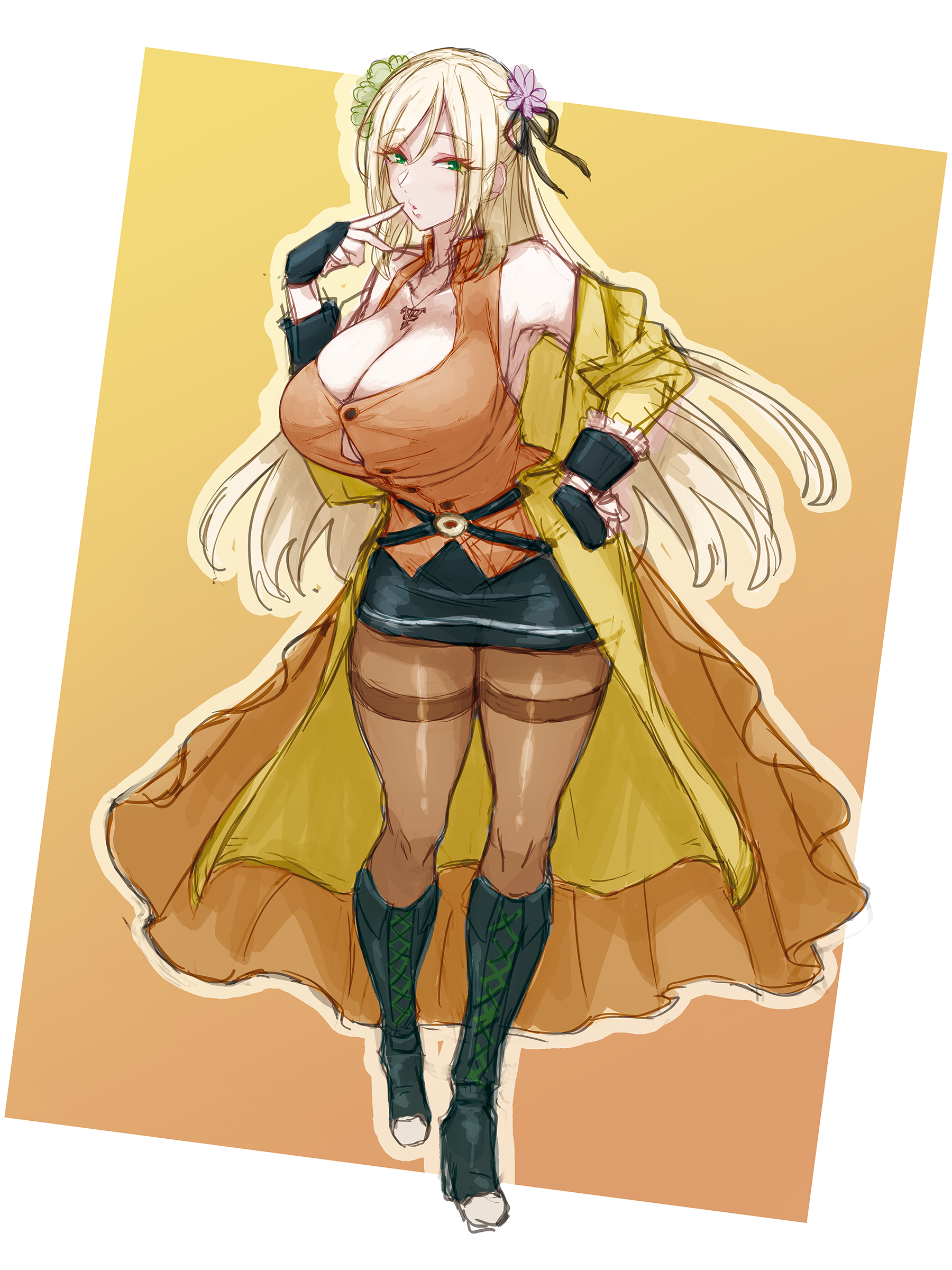 mabuta kayumi, akira blanton, assault lily, absurdres, commentary request, highres, 1girl, bare shoulders, belt, black belt, black boots, black gloves, black ribbon, black skirt, blonde hair, blush, boots, border, breasts, brown pantyhose, button gap, buttons, cleavage, coat, collarbone, collared shirt, dated commentary, finger to mouth, fingerless gloves, flower, frilled sleeves, frills, full body, gloves, gradient background, green eyes, green flower, hair between eyes, hair flower, hair ornament, hair ribbon, hand on own cheek, hand on own face, huge breasts, jewelry, knee boots, lace-up boots, long hair, looking at viewer, miniskirt, multiple belts, necklace, o-ring, o-ring belt, off shoulder, open clothes, open coat, orange background, orange shirt, outside border, pantyhose, parted lips, pencil skirt, pendant, purple flower, ribbon, shirt, sketch, skirt, sleeveless, sleeveless shirt, solo, standing, thighband pantyhose, very long hair, waist cape, white border, yellow coat
