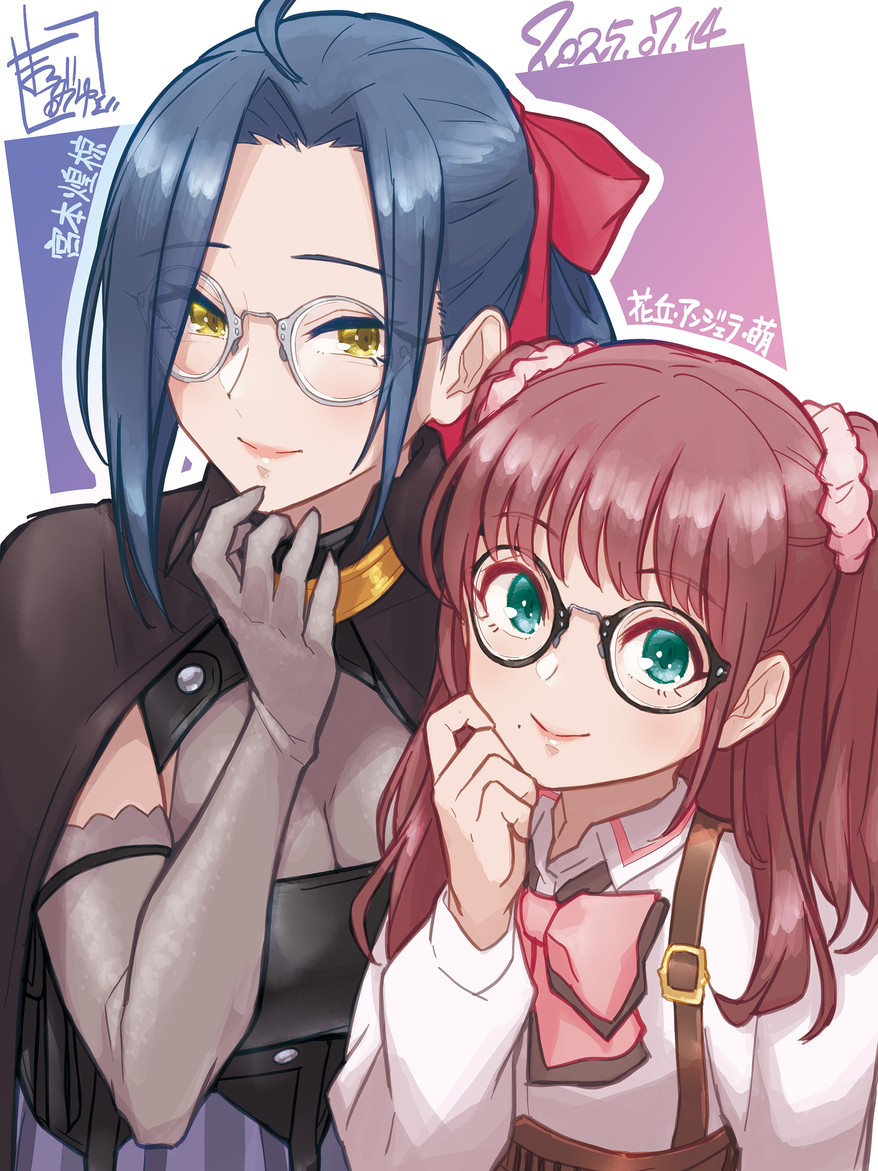 mabuta kayumi, hanaoka angela moe, assault lily, absurdres, commentary request, highres, photo-referenced, 2girls, actor connection, ahoge, aqua eyes, artist name, bespectacled, black-framed eyewear, black cape, black shirt, blue background, blue hair, border, bow, bowtie, breasts, brown hair, cape, character name, closed mouth, collared shirt, dated, dated commentary, elbow gloves, folded ponytail, glasses, gloves, gradient background, grey-framed eyewear, grey gloves, hair bow, hair ornament, hair scrunchie, hand on own cheek, hand on own chin, hand on own face, hand up, iwakura azusa, light blush, long hair, long sleeves, looking at viewer, ludvico private girls' academy school uniform, matsuda saki, medium breasts, miyamoto komuku, mole, mole under mouth, multiple girls, outside border, parted bangs, pink bow, pink bowtie, pink scrunchie, purple background, purple skirt, red bow, round eyewear, school uniform, scrunchie, see-through cleavage, see-through clothes, shirt, side-by-side, sidelocks, skirt, smile, striped clothes, striped skirt, suspenders, two side up, underbust, upper body, vertical-striped clothes, vertical-striped skirt, white border, white shirt, yellow eyes