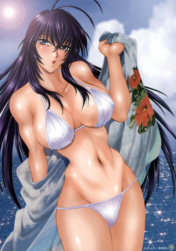 manabe jouji, kan'u unchou, ikkitousen, ikkitousen dragon destiny, artbook, duplicate, scan, 00s, 1girl, antenna hair, beach, bikini, blue eyes, breasts, covered erect nipples, fanbook, female focus, large breasts, long hair, ocean, official fanbook, one-piece tan, open mouth, purple hair, solo, swimsuit, tan, tanline, toned, very long hair, water