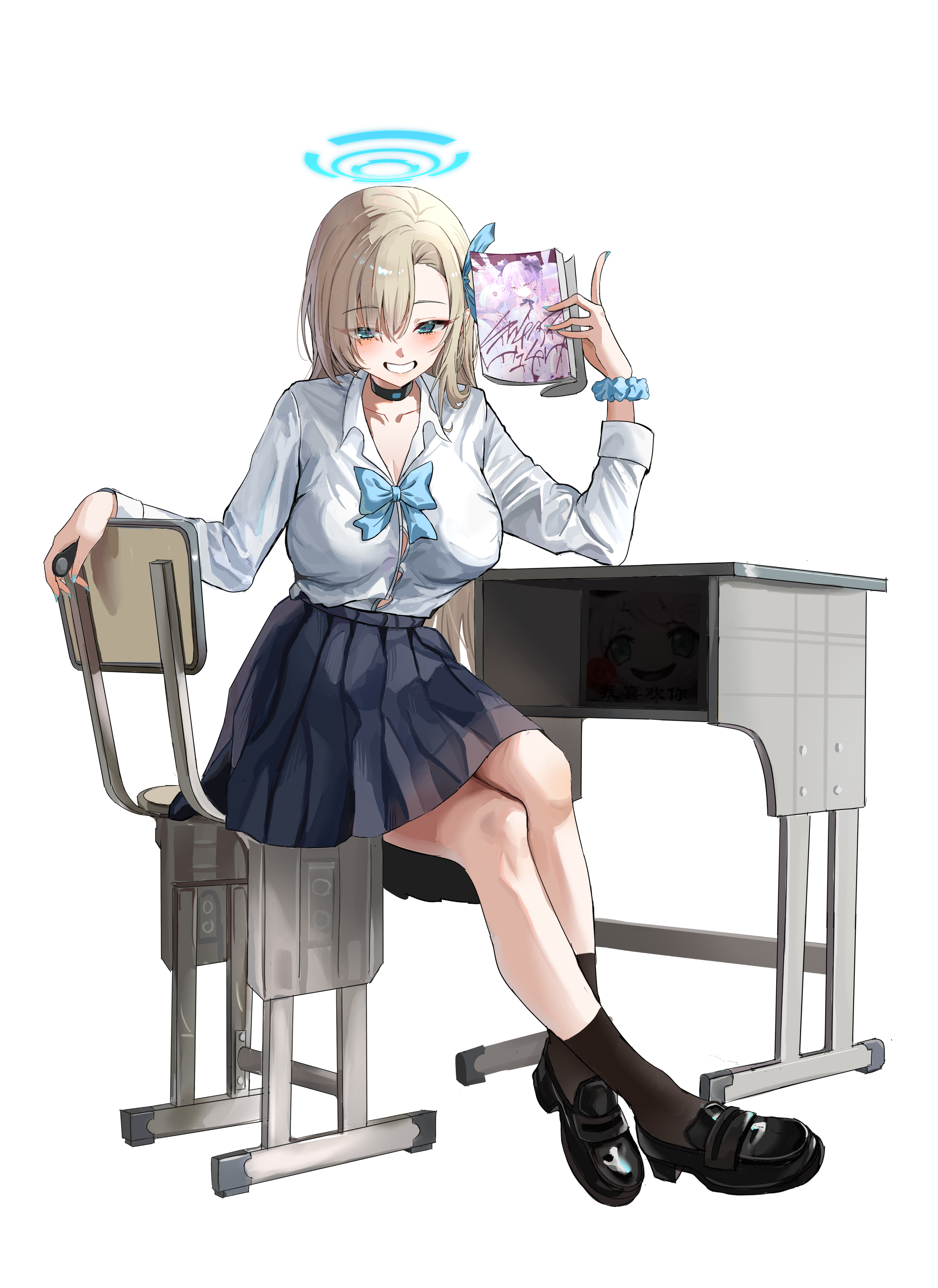wrnmsb, asuna (blue archive), asuna (school uniform) (blue archive), blue archive, absurdres, chinese commentary, commentary request, highres, 1girl, :d, black choker, black shoes, black skirt, black socks, blonde hair, blue bow, blue bowtie, blue halo, blue nails, blue ribbon, blue scrunchie, blush, book, bow, bowtie, breasts, button gap, chair, choker, cleavage, collarbone, collared shirt, crossed ankles, dress shirt, eyes visible through hair, full body, grin, hair over one eye, hair ribbon, halo, hand up, holding, holding book, large breasts, loafers, long bangs, long hair, long sleeves, looking at viewer, miniskirt, nail polish, official alternate costume, on chair, open mouth, pleated skirt, ribbon, school uniform, scrunchie, shirt, shoes, simple background, sitting, skirt, smile, socks, solo, straight hair, white background, white shirt, wrist scrunchie