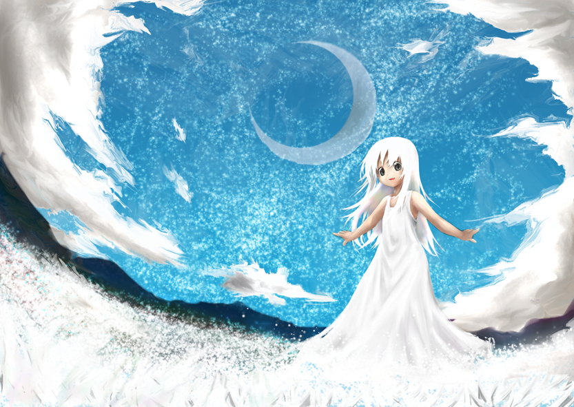 byakugetsu, tagme, dress, long hair, moon, night, solo, white hair