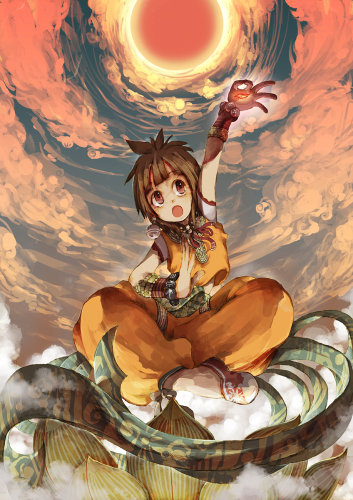 saitou shunsuke, shun, original, 1girl, cloud, female focus, sky, solo, sun