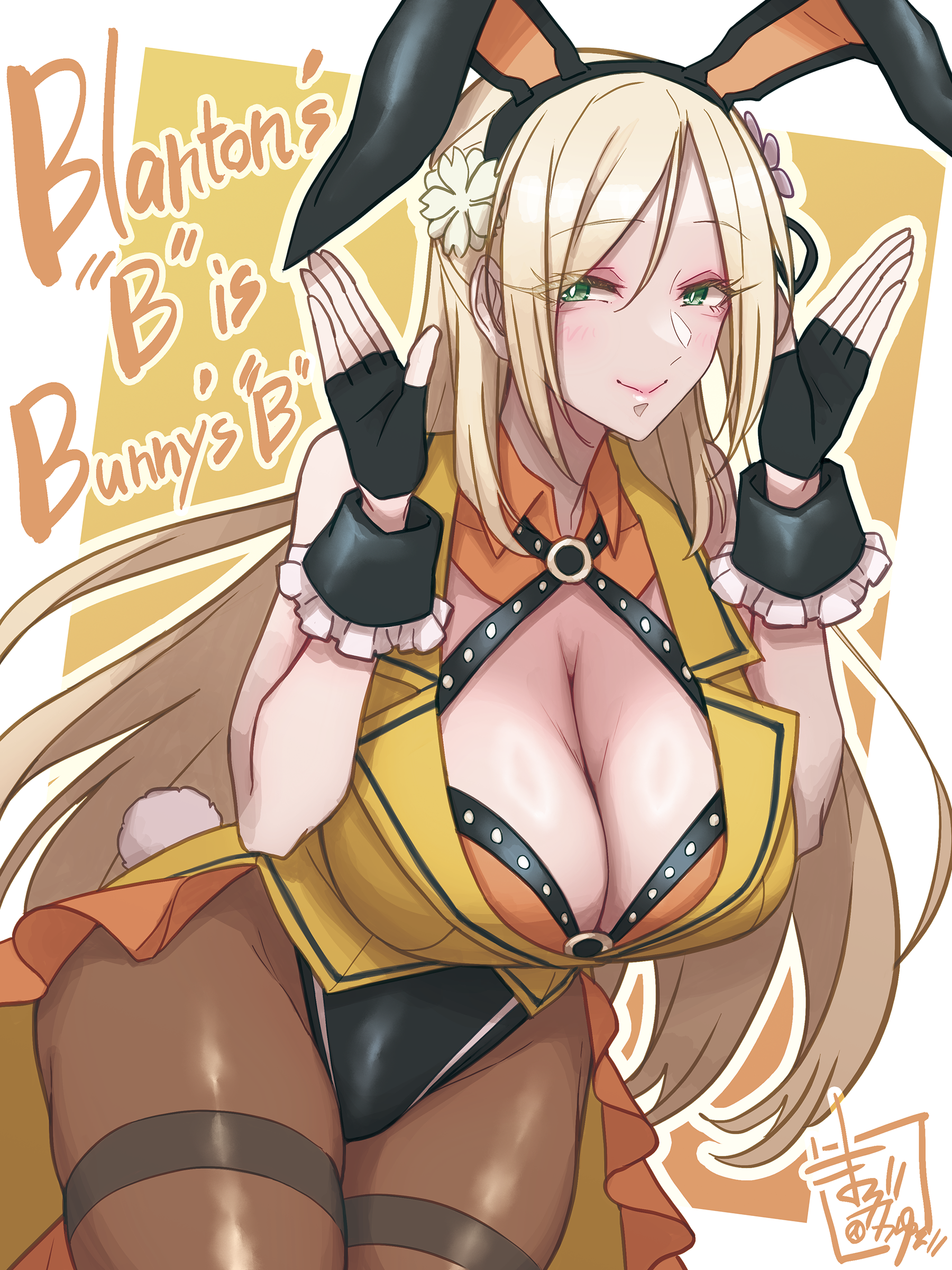 mabuta kayumi, akira blanton, assault lily, absurdres, commentary request, highres, 1girl, adapted costume, animal ears, artist name, bare arms, bare shoulders, black gloves, black hairband, black leotard, black ribbon, blonde hair, blush, border, breasts, bright pupils, brown pantyhose, bunny day, cleavage, closed mouth, cowboy shot, dated commentary, detached collar, fake animal ears, fake tail, fingerless gloves, flower, frilled wrist cuffs, frills, gloves, gradient background, green eyes, hair between eyes, hair flower, hair ornament, hair ribbon, hairband, hands up, huge breasts, jacket, leaning forward, leotard, leotard under clothes, long hair, looking at viewer, multicolored leotard, orange background, orange leotard, outline, outside border, pantyhose, playboy bunny, rabbit ears, rabbit pose, rabbit tail, ribbon, sleeveless, sleeveless jacket, smile, solo, standing, tail, thighband pantyhose, two-tone leotard, very long hair, white border, white flower, white outline, white pupils, wrist cuffs, yellow background, yellow jacket