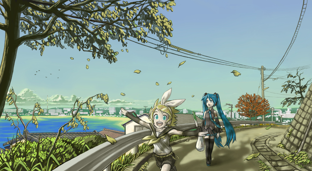diolemonde, hatsune miku, kagamine rin, vocaloid, black legwear, 2girls, :d, aqua eyes, architecture, autumn, autumn leaves, bag, blonde hair, blue hair, day, east asian architecture, hair ornament, hairclip, happy, leaf, long hair, multiple girls, neckerchief, necktie, ocean, open mouth, outstretched arms, power lines, road, running, scenery, shopping bag, shorts, sky, slice of life, smile, spread arms, spring onion, thighhighs, town, tree, tree shade, twintails, utility pole, wind, zettai ryouiki