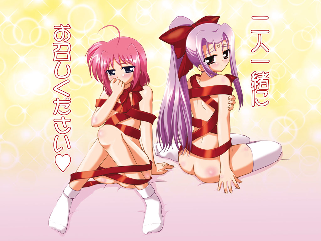 mikage takashi, caro ru lushe, lutecia, lutecia alpine, lyrical nanoha, mahou shoujo lyrical nanoha, mahou shoujo lyrical nanoha strikers, translated, 00s, 2girls, ahoge, blush, flat chest, multiple girls, naked ribbon, pink hair, purple hair, ribbon, socks, thighhighs, valentine