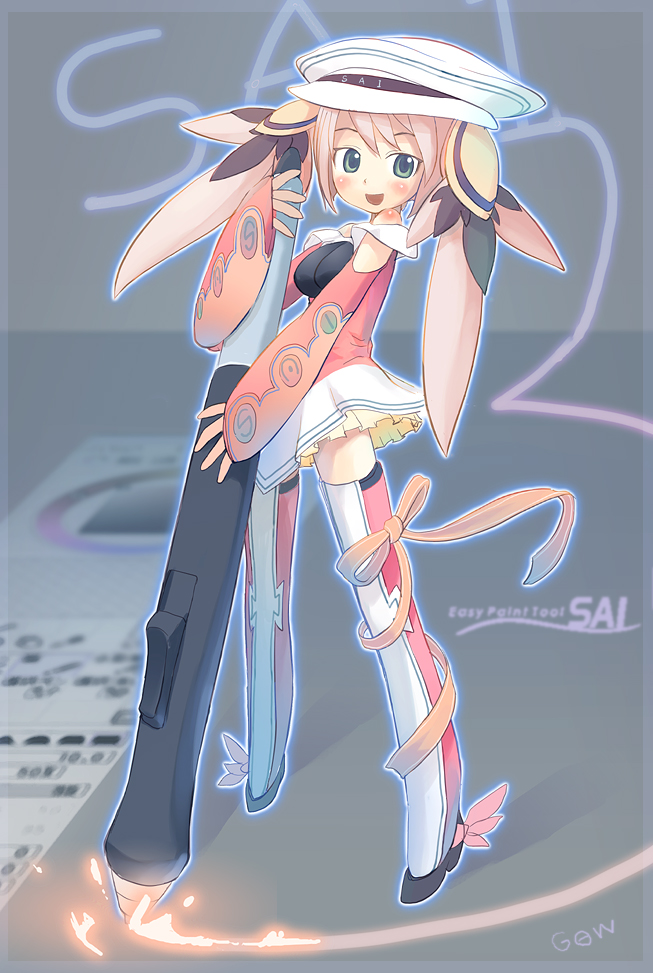 tougetsu gou, sai-tan, original, painttool sai, painttool sai (medium), blonde hair, blue eyes, drawing tablet, hat, solo, twintails