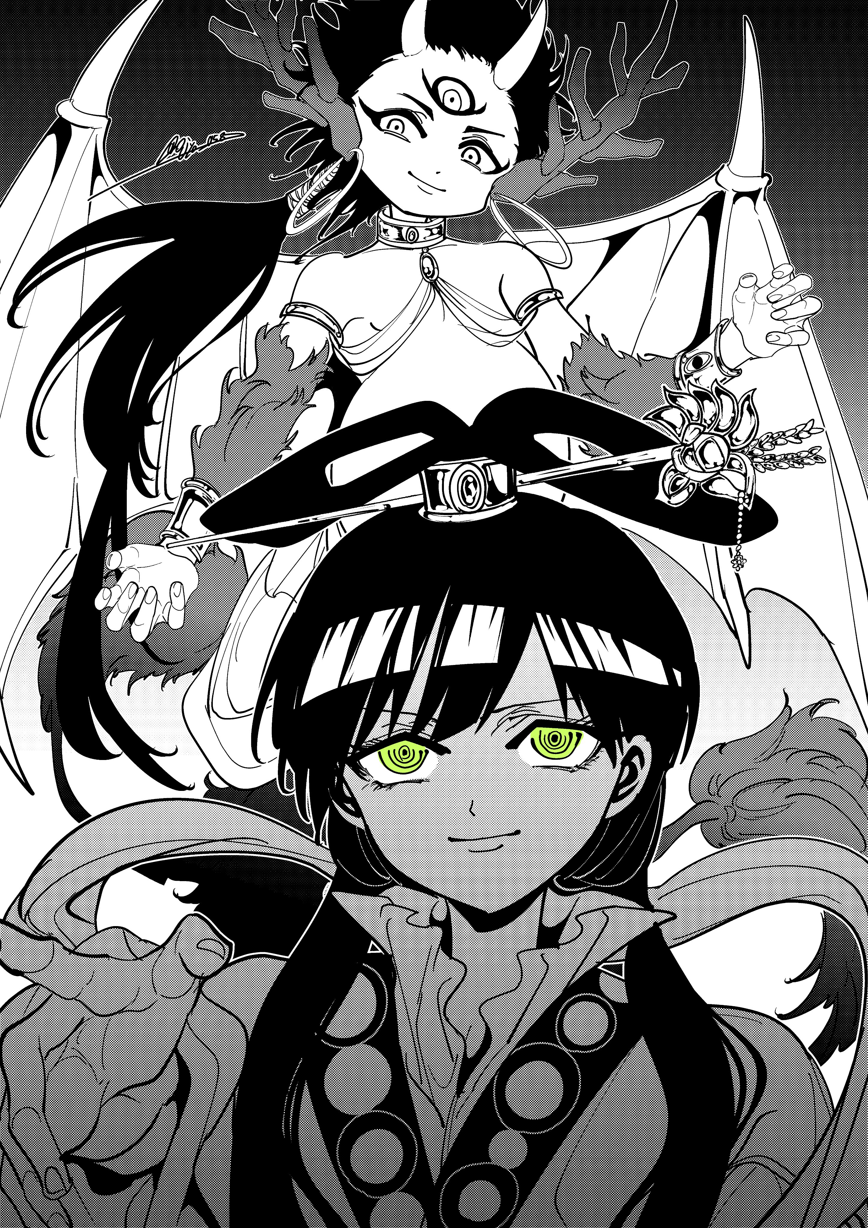 ojyo 058, ren kougyoku, sinbad (magi), magi the labyrinth of magic, absurdres, highres, 1boy, 1girl, chinese clothes, chinese hairpin, choker, demon wings, djinn equip, earrings, feixianji (hairstyle), green eyes, greyscale, hagoromo, hair ornament, hair rings, hanfu, hoop earrings, horns, jewelry, long hair, looking at viewer, monochrome, ponytail, possessed, shawl, smile, split ponytail, spot color, third eye, wings