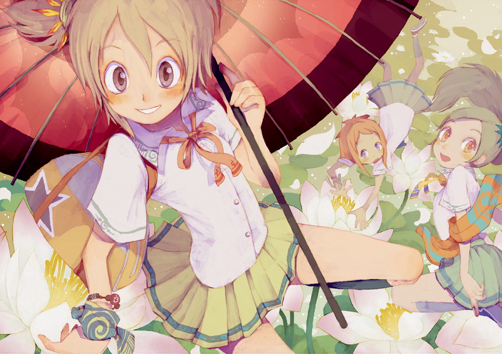 saitou shunsuke, shun, original, 3girls, bag, flower, lotus, multiple girls, oil-paper umbrella, school uniform, serafuku, umbrella