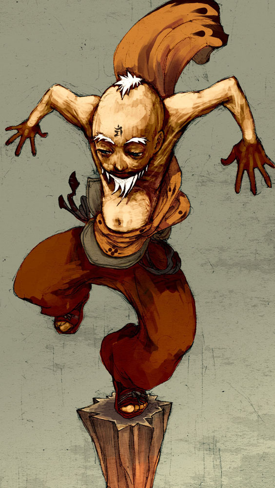 saitou shunsuke, shun, original, 1boy, balancing, beard, bodypaint, facial hair, facial mark, forehead mark, grey background, male focus, old, old man, solo, standing, standing on one leg, white hair
