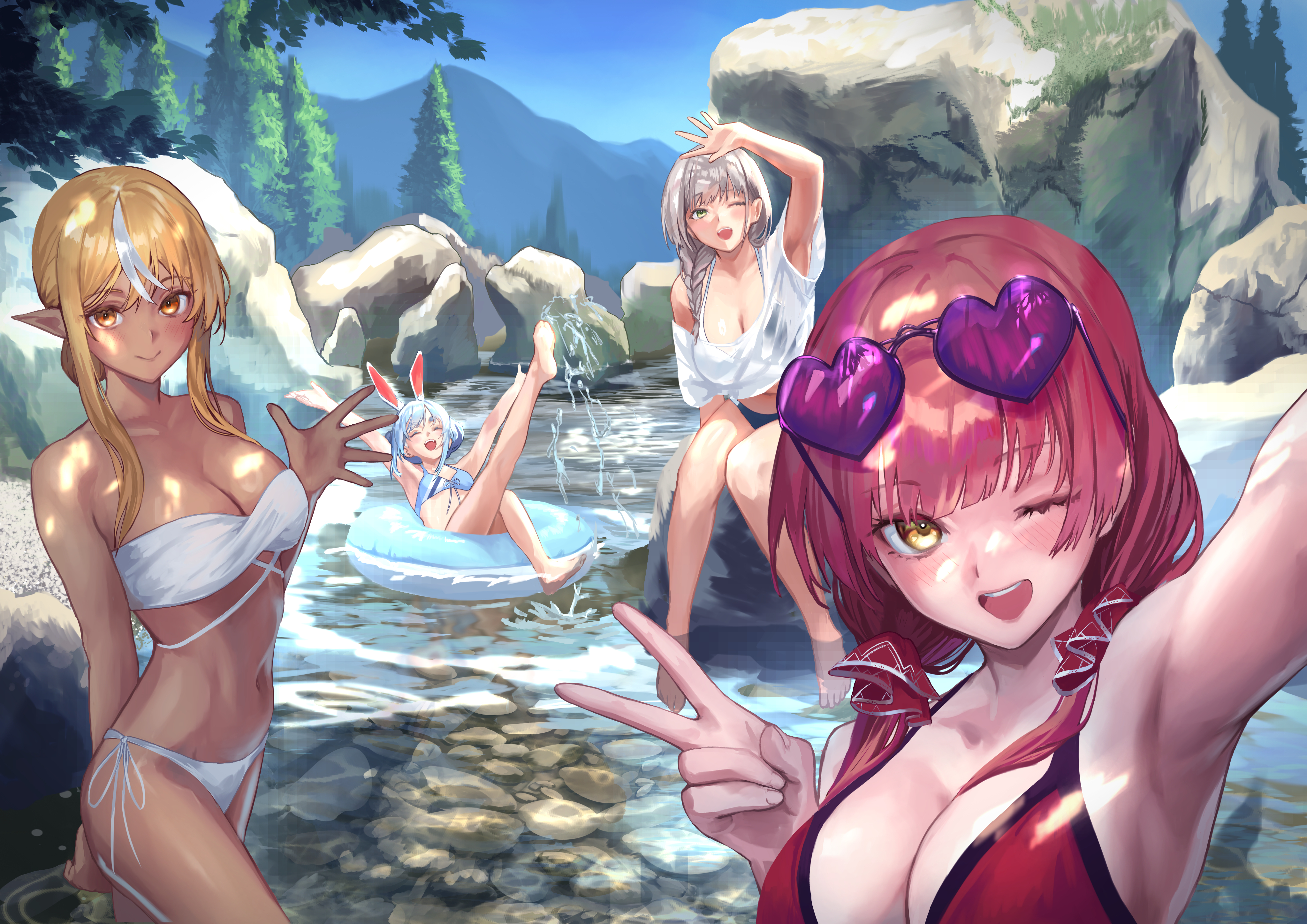 qdx4p, houshou marine, shiranui flare, shirogane noel, usada pekora, hololive, hololive fantasy, absurdres, highres, 4girls, ;d, alternate costume, animal ears, bikini, bikini under clothes, black bikini, blonde hair, blue bikini, blue sky, braid, braided ponytail, breasts, cleavage, cloud, cropped shirt, dark-skinned female, dark skin, day, double-parted bangs, elf, eyewear on head, flat chest, green eyes, grey hair, hair bun, heart, heart-shaped eyewear, large breasts, long hair, long sidelocks, looking at viewer, low ponytail, low twintails, medium breasts, multicolored hair, multiple girls, navel, one eye closed, open mouth, orange eyes, outdoors, pointy ears, ponytail, rabbit ears, rabbit girl, red bikini, red hair, selfie, shirt, short hair with long locks, side-tie bikini bottom, sidelocks, single hair bun, sky, smile, stomach, strapless, strapless bikini, streaked hair, sunglasses, swimsuit, twintails, v, virtual youtuber, waving, white bikini, white shirt, yellow eyes