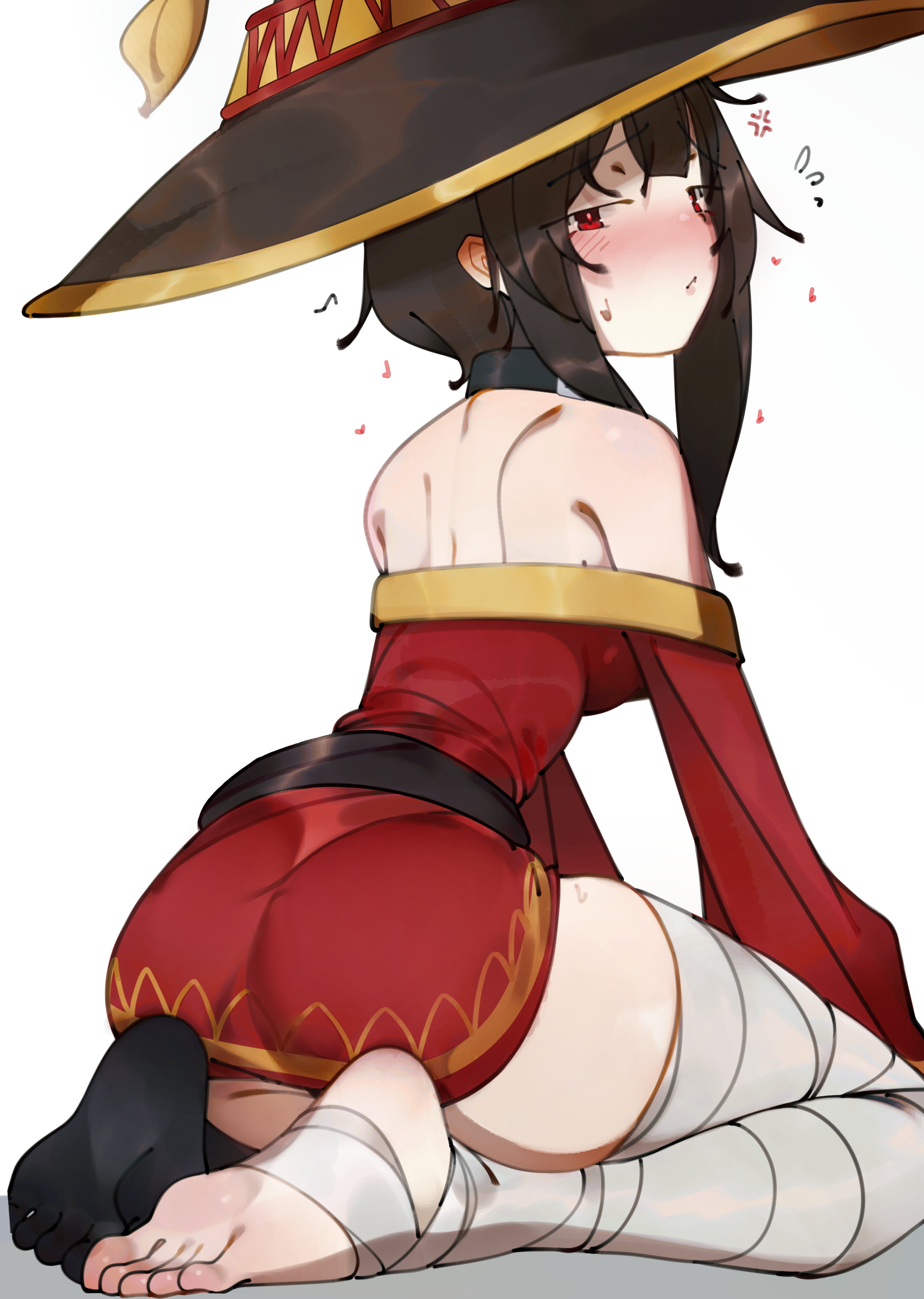 deko morii, megumin, kono subarashii sekai ni shukufuku wo!, absurdres, highres, 1girl, ass, back, bandaged leg, bandages, bare shoulders, blush, breasts, brown hair, dress, hat, long sleeves, looking at viewer, looking back, medium hair, off-shoulder dress, off shoulder, red dress, red eyes, sidelocks, small breasts, solo, witch hat