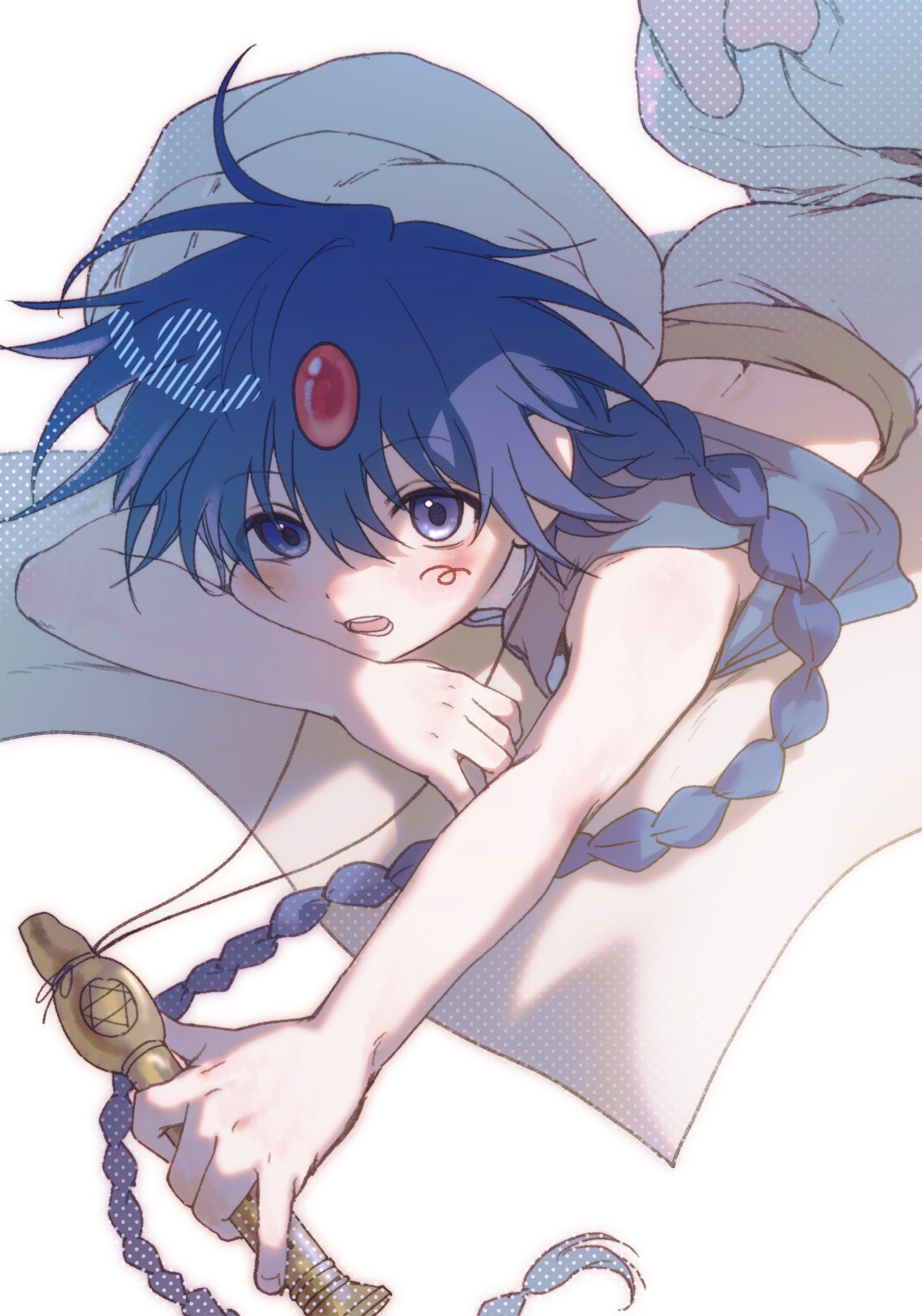 nong1ji, aladdin (magi), magi the labyrinth of magic, highres, 1boy, arabian clothes, blue eyes, blue hair, blush, braid, braided ponytail, cropped vest, flute, forehead jewel, holding, holding flute, holding instrument, instrument, long hair, looking at viewer, lying, male focus, on stomach, open mouth, single braid, solo, vest, white turban