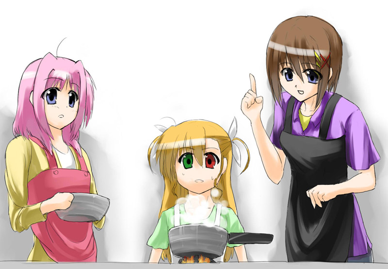 caro ru lushe, vivio, yagami hayate, lyrical nanoha, mahou shoujo lyrical nanoha, mahou shoujo lyrical nanoha strikers, artist request, 00s, 3girls, apron, blonde hair, blue eyes, brown hair, cooking, fire, green eyes, heterochromia, long hair, multiple girls, pink hair, red eyes, short hair, smile, steam
