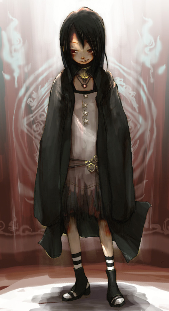 saitou shunsuke, shun, original, looking away, 1girl, black hair, blood, cape, cloak, coat, curtains, dress, emblem, female focus, flag, jewelry, necklace, open-toe shoes, overcoat, red eyes, shoes, smirk, socks, solo, star (symbol), striped clothes, striped socks, witch