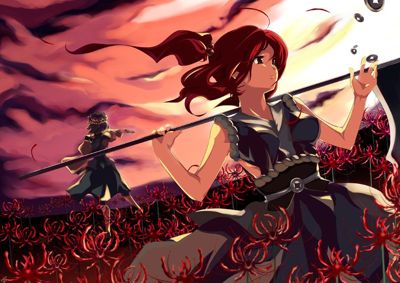 cofepig, onozuka komachi, shiki eiki, touhou, bad id, bad pixiv id, 2girls, back, black eyes, black hair, cloud, dutch angle, female focus, flower, hair bobbles, hair ornament, hat, japanese clothes, multiple girls, petals, red flower, red hair, ribbon, rod of remorse, scythe, short hair, side ponytail, skirt, sky, spider lily, wind