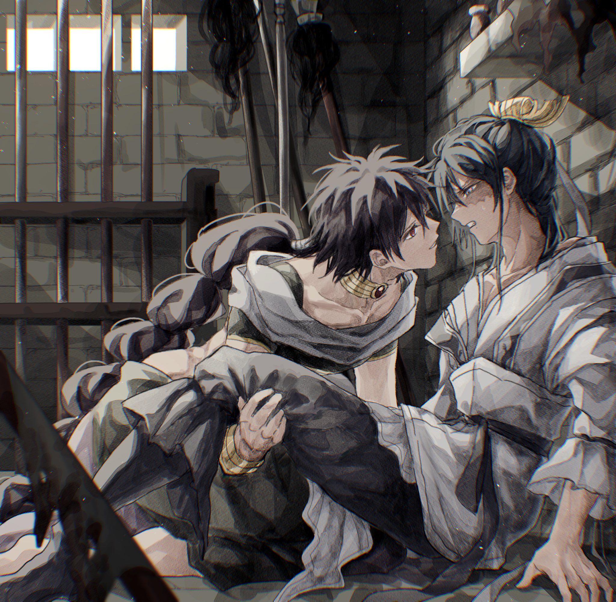 judal, ren hakuryuu, magi the labyrinth of magic, highres, 2boys, arabian clothes, black hair, blue eyes, blue hair, braid, braided ponytail, chinese clothes, clenched teeth, hanfu, indoors, jewelry, laem krel, long hair, male focus, medium hair, mole, mole under mouth, multiple boys, neck ring, on ground, open mouth, pants, polearm, red eyes, scar, scar across eye, scar on face, single braid, sitting, spear, teeth, weapon, xiao guan (headdress), yaoi