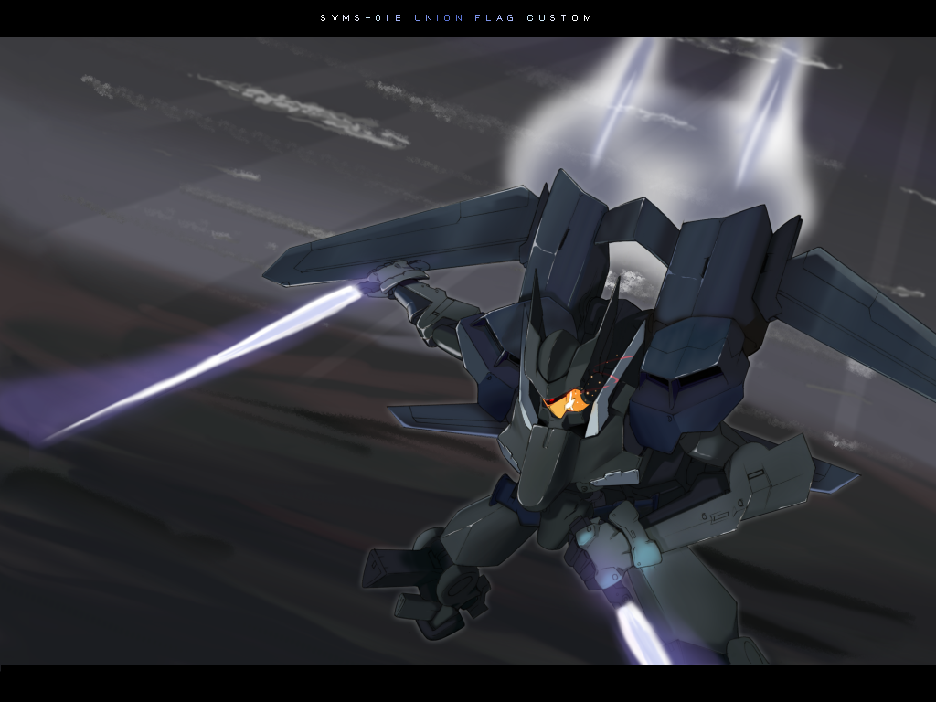 take tonbo, flag custom, gundam, gundam 00, 00s, armor, cloud, dual wielding, dutch angle, flying, from above, glowing, glowing sword, glowing weapon, holding, holding sword, holding weapon, letterboxed, mecha, no humans, outdoors, reverse grip, robot, solo, sword, weapon
