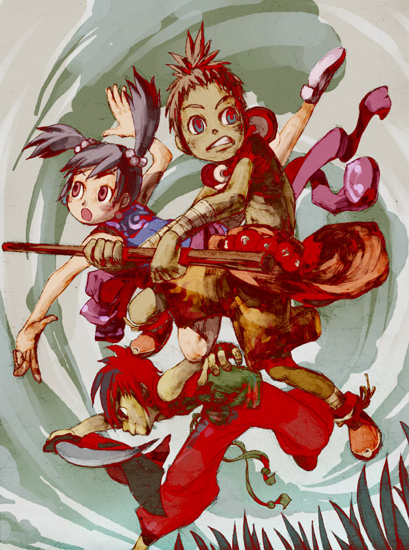 saitou shunsuke, shun, original, 1girl, 2boys, multiple boys, staff, sword, twintails, weapon