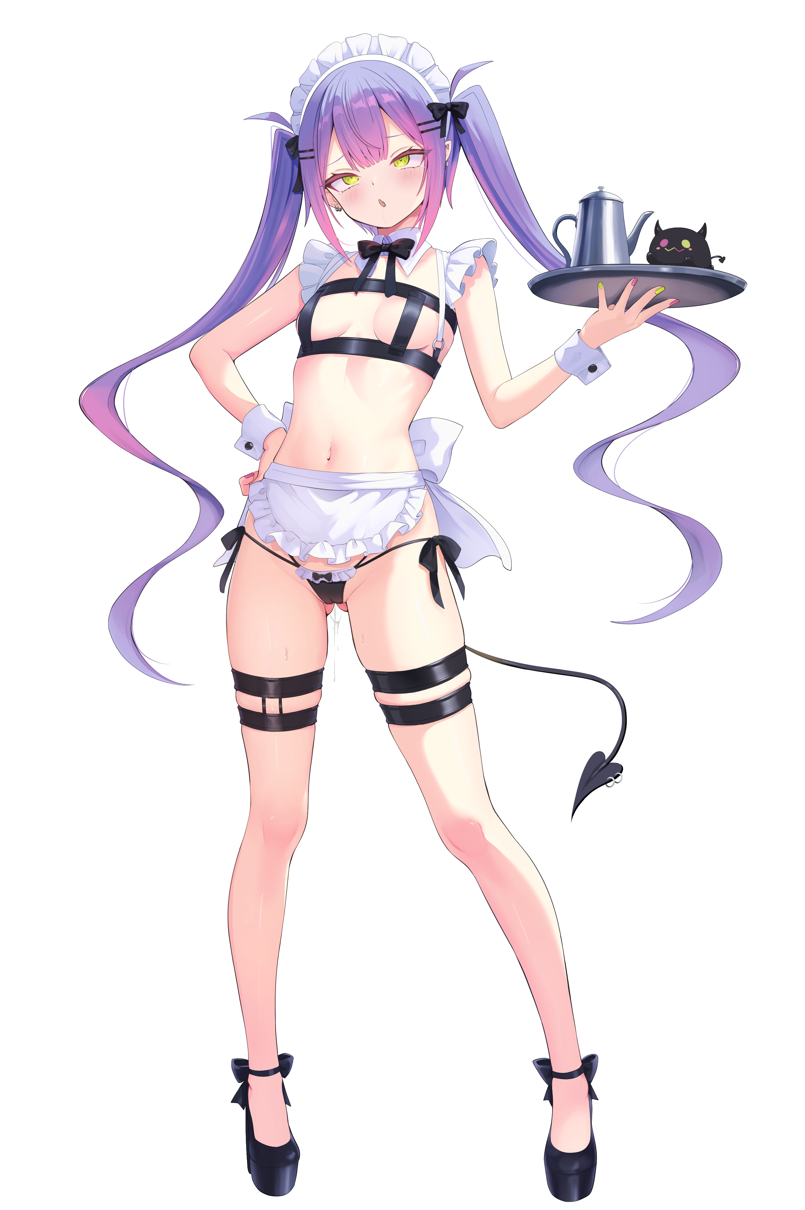 nekonosuke, bibi (tokoyami towa), tokoyami towa, hololive, absurdres, highres, paid reward available, 1girl, apron, barbell piercing, bikini, black bikini, black bow, black bowtie, black shoes, bow, bowtie, breasts, center-flap bangs, colored inner hair, demon girl, demon tail, detached collar, double-parted bangs, ear piercing, frilled apron, frills, full body, gluteal fold, gradient hair, green eyes, hair ornament, hairclip, hand on own hip, high heels, holding, holding tray, industrial piercing, long hair, looking at viewer, maid, maid bikini, maid headdress, multicolored hair, navel, navel piercing, open mouth, parallel hairclips, piercing, pink hair, pointy ears, purple hair, pussy juice, shoes, side-tie bikini bottom, simple background, small breasts, solo, standing, stomach, string bikini, swimsuit, tail, tail ornament, tail piercing, thigh strap, tray, twintails, unconventional maid, very long hair, virtual youtuber, waist apron, white apron, white background, wrist cuffs