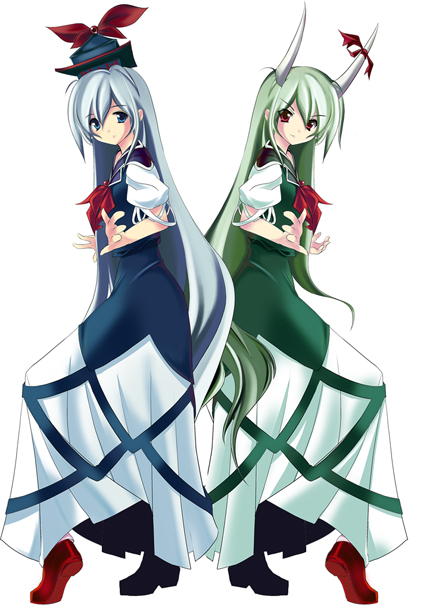 cofepig, ex-keine, kamishirasawa keine, touhou, bad id, bad pixiv id, duplicate, 2girls, dress, female focus, hat, horns, multiple girls, simple background, white background