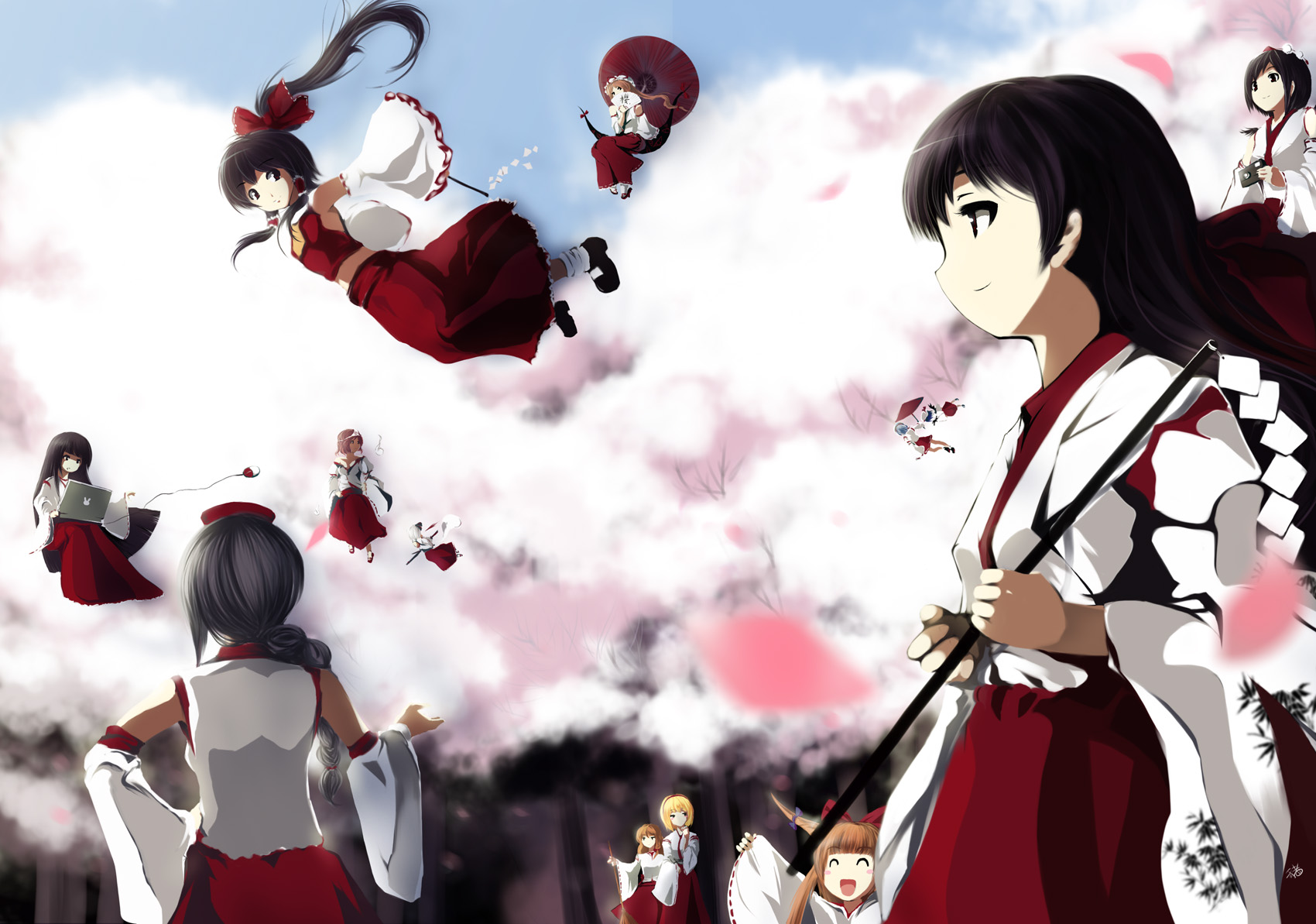 cofepig, alice margatroid, hakurei reimu, hakurei reimu (pc-98), houraisan kaguya, ibuki suika, izayoi sakuya, kirisame marisa, konpaku youmu, konpaku youmu (ghost), remilia scarlet, saigyouji yuyuko, shameimaru aya, shanghai doll, yagokoro eirin, yakumo yukari, touhou, touhou (pc-98), silver hair, bad id, bad pixiv id, highres, 6+girls, :d, o/, ^ ^, alternate color, arms up, black hair, black wings, blonde hair, blunt bangs, blush stickers, bow, broom, brown hair, camera, cherry blossoms, closed eyes, cloud, computer, cosplay, day, detached sleeves, dual persona, female focus, floating, flying, folding fan, gap (touhou), geta, gohei, hair bow, hairband, hakama, hakama skirt, hakurei reimu (cosplay), hand fan, hand on own hip, hat, hip focus, hitodama, japanese clothes, laptop, large bow, long hair, looking back, miko, multiple girls, off shoulder, oil-paper umbrella, open mouth, outstretched arms, petals, pink hair, ponytail, red hakama, short hair, skirt, sky, smile, umbrella, wings