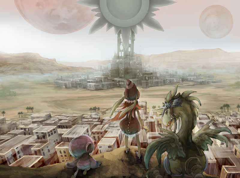 saitou shunsuke, shun, original, 1girl, city, cityscape, creature, desert, from behind, hat, long hair, moon, muted color, palm tree, scenery, sun, teeth, tree, twintails, wings