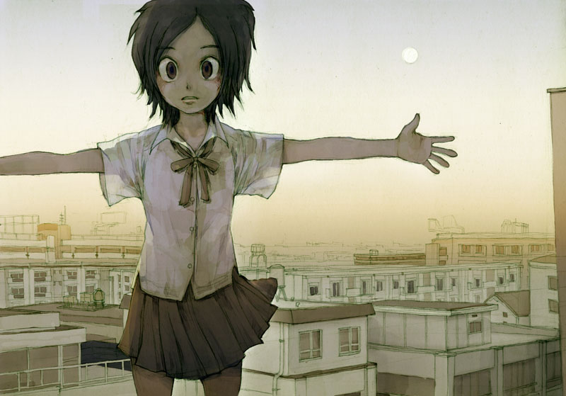 saitou shunsuke, shun, original, 1girl, building, city, cityscape, cross-eyed, female focus, school uniform, serafuku, skirt, solo, sun, town, wind