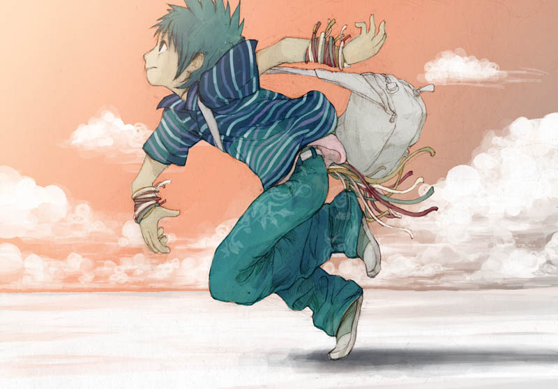 saitou shunsuke, shun, original, striped, 1boy, bag, male focus, running, sky, solo